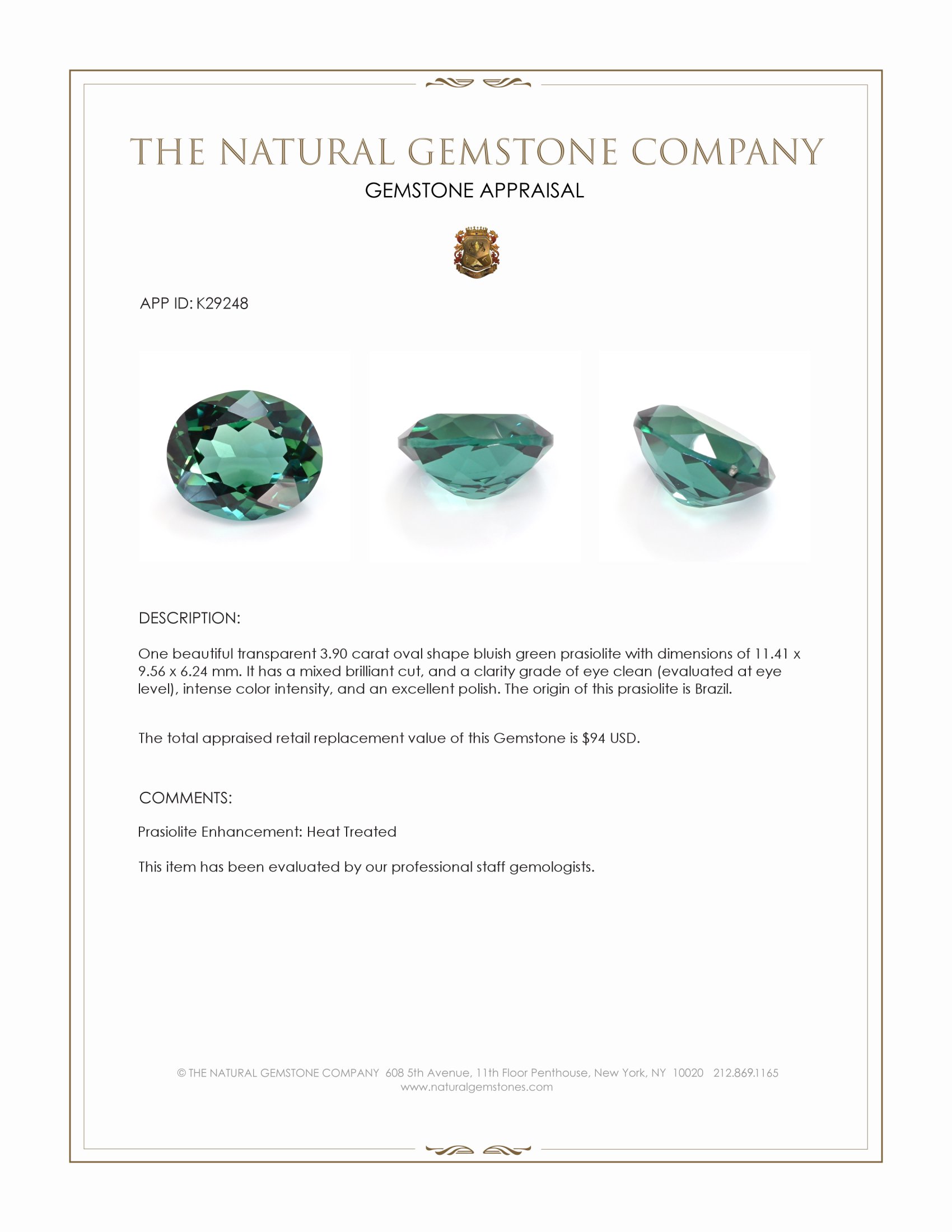 3.90 Ct. Bluish Green Prasiolite from Brazil