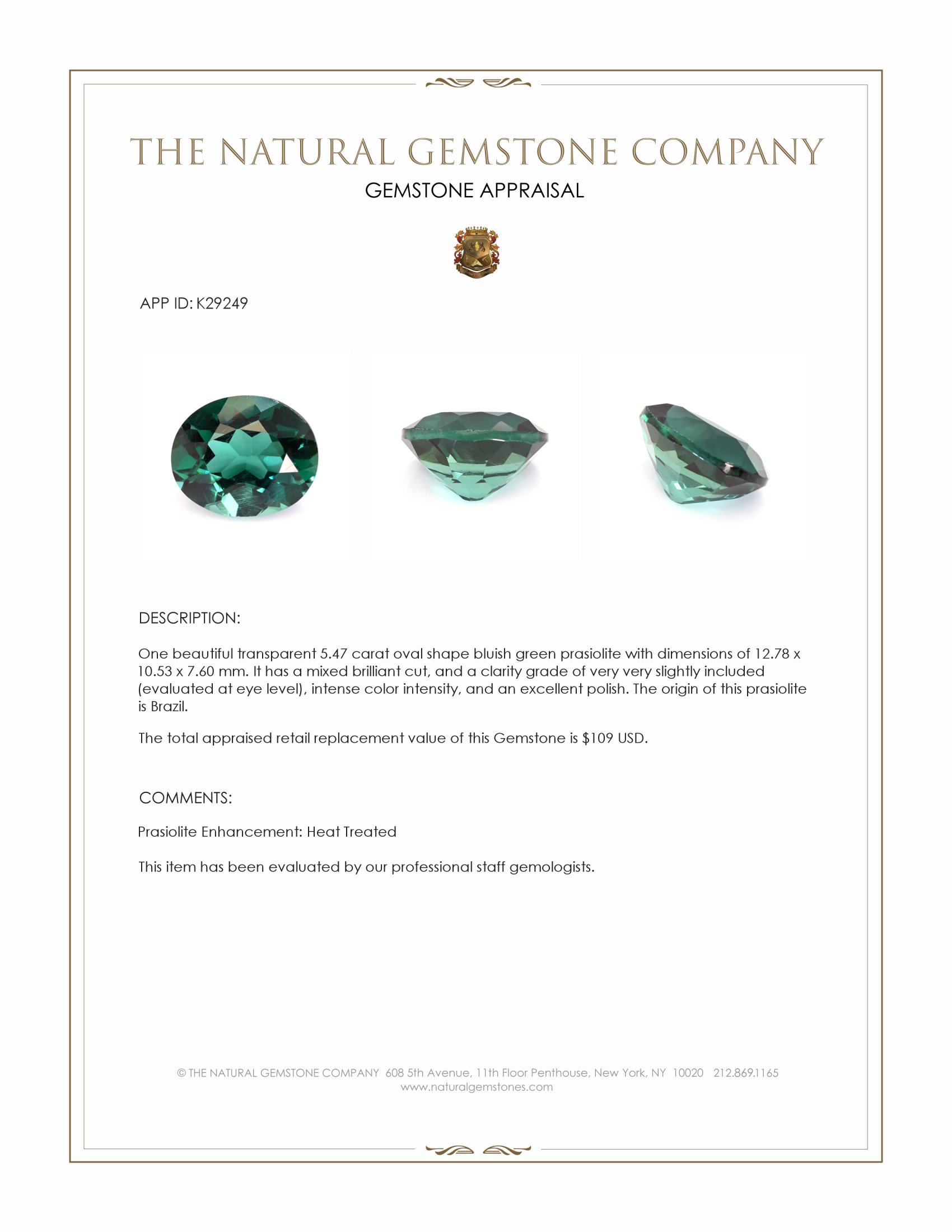 5.47 Ct. Bluish Green Prasiolite from Brazil