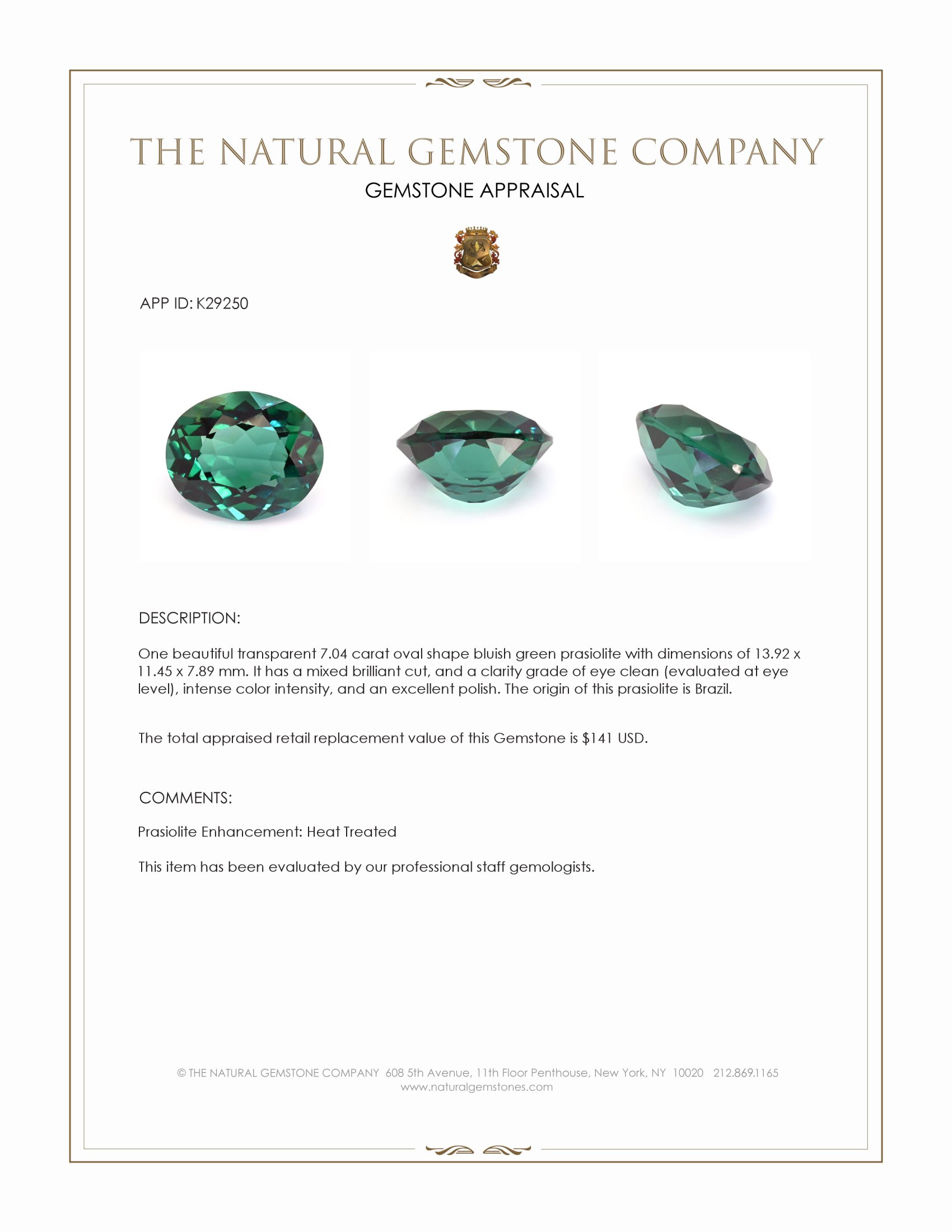7.04 Ct. Bluish Green Prasiolite from Brazil