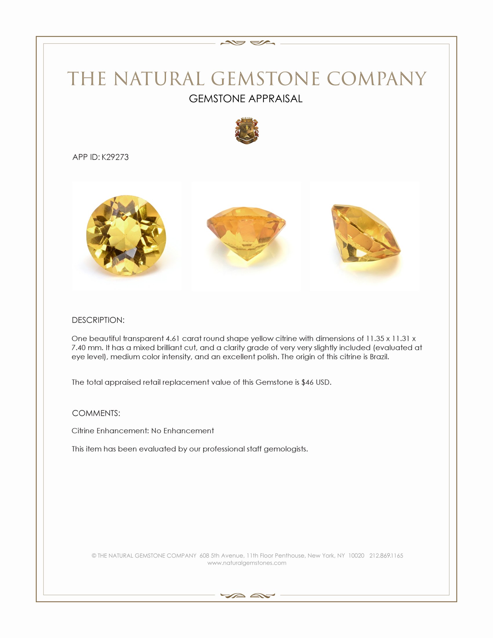 4.61 Ct. Yellow Citrine from Brazil