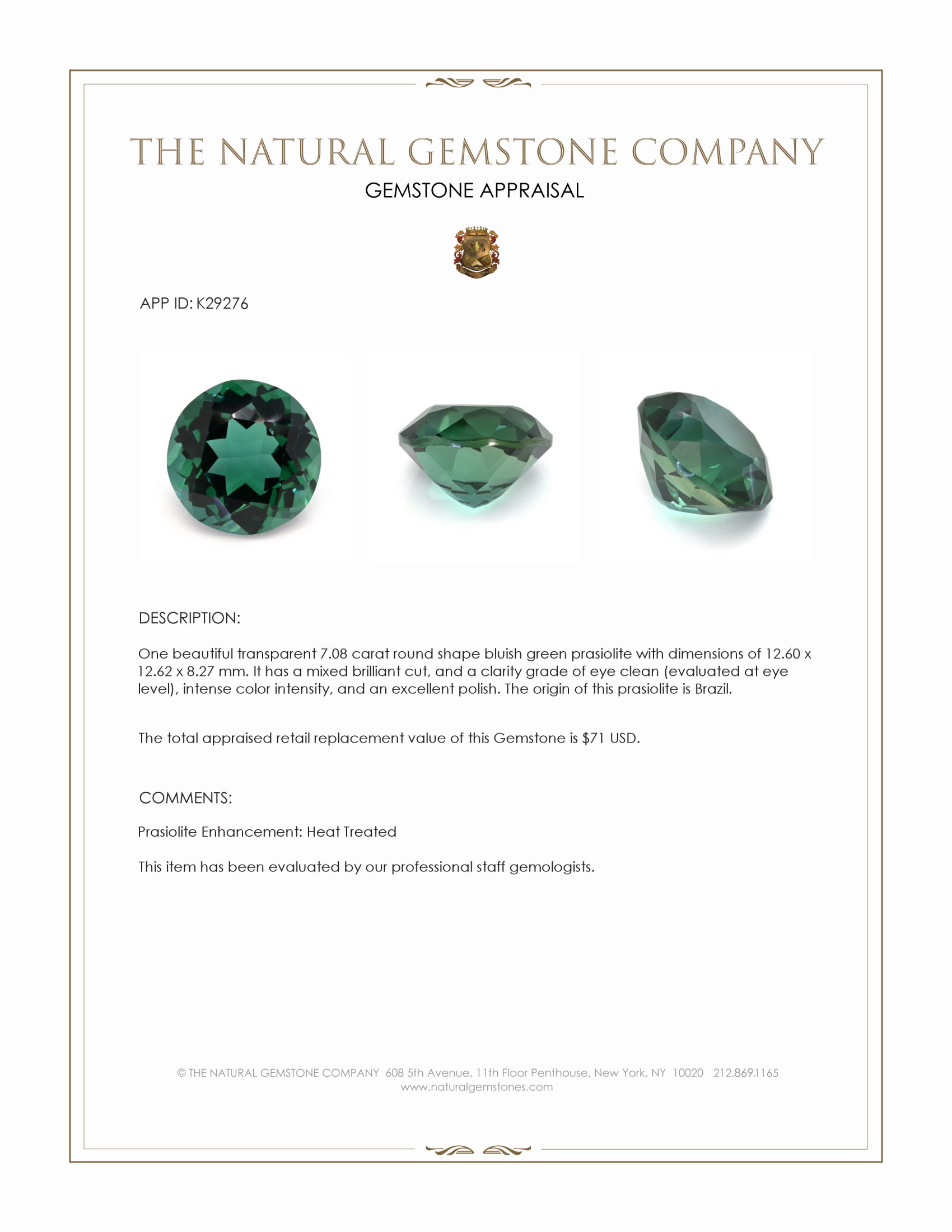 7.08 Ct. Bluish Green Prasiolite from Brazil