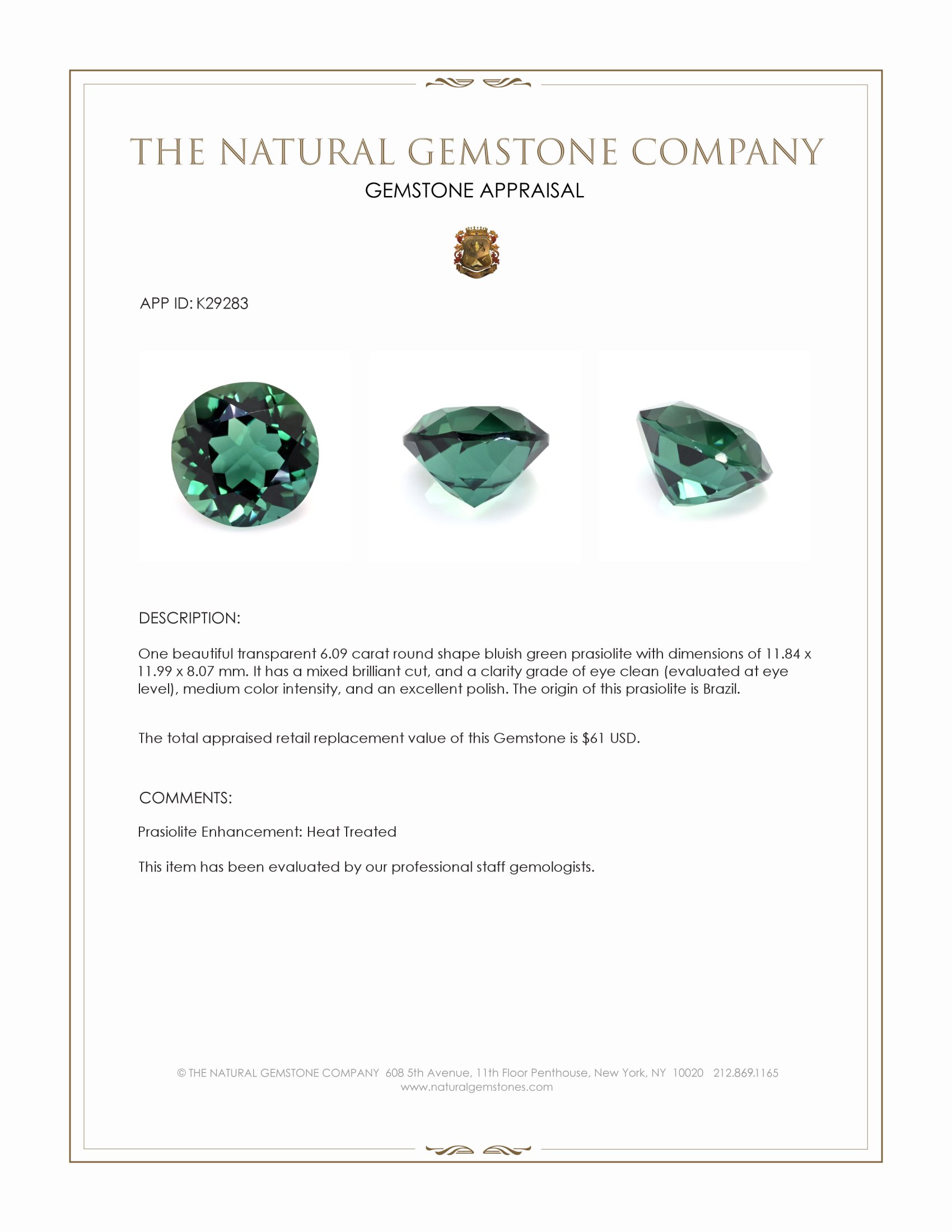 6.09 Ct. Bluish Green Prasiolite from Brazil