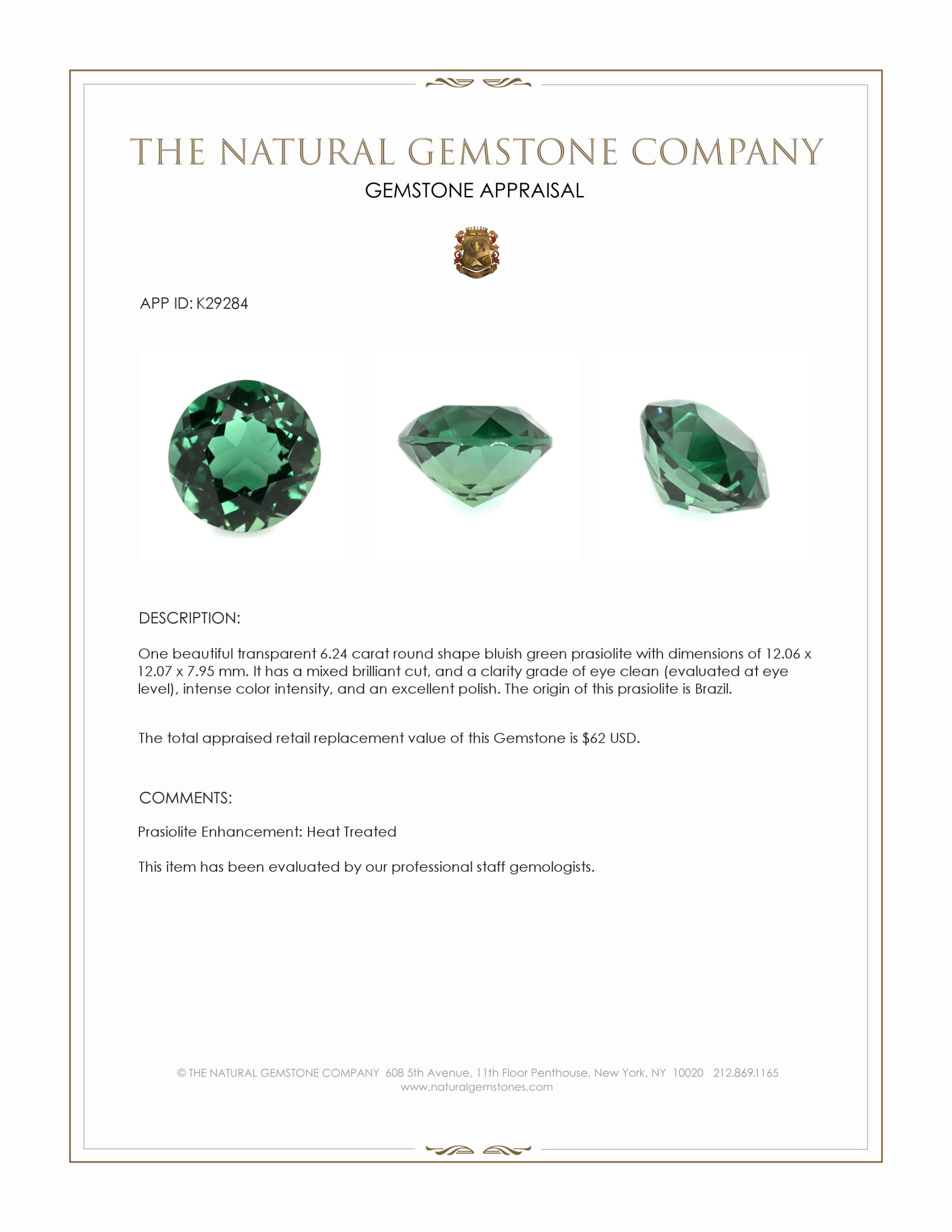 6.24 Ct. Bluish Green Prasiolite from Brazil
