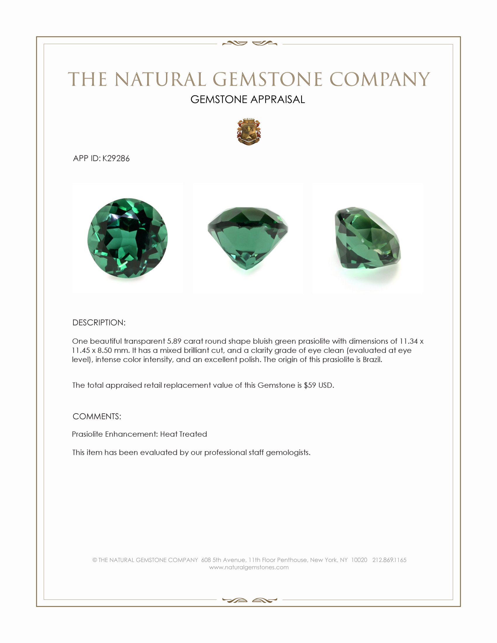 5.89 Ct. Bluish Green Prasiolite from Brazil