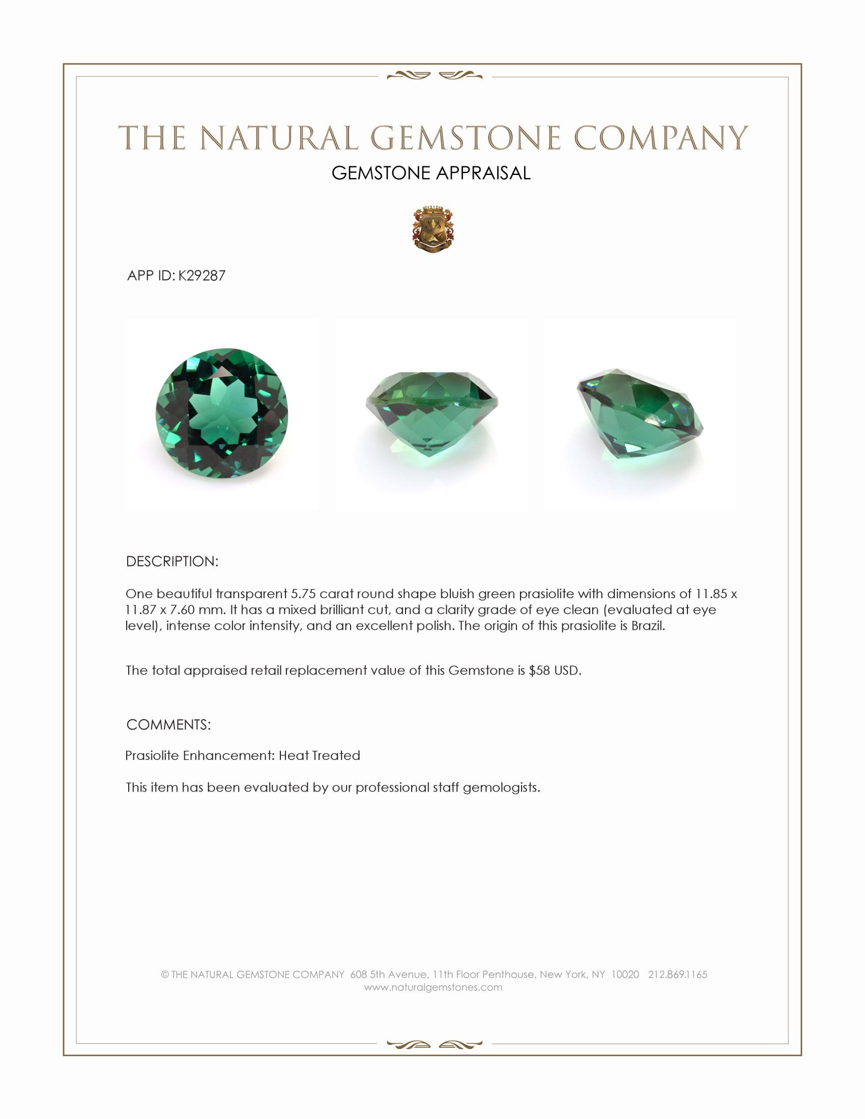 5.75 Ct. Bluish Green Prasiolite from Brazil