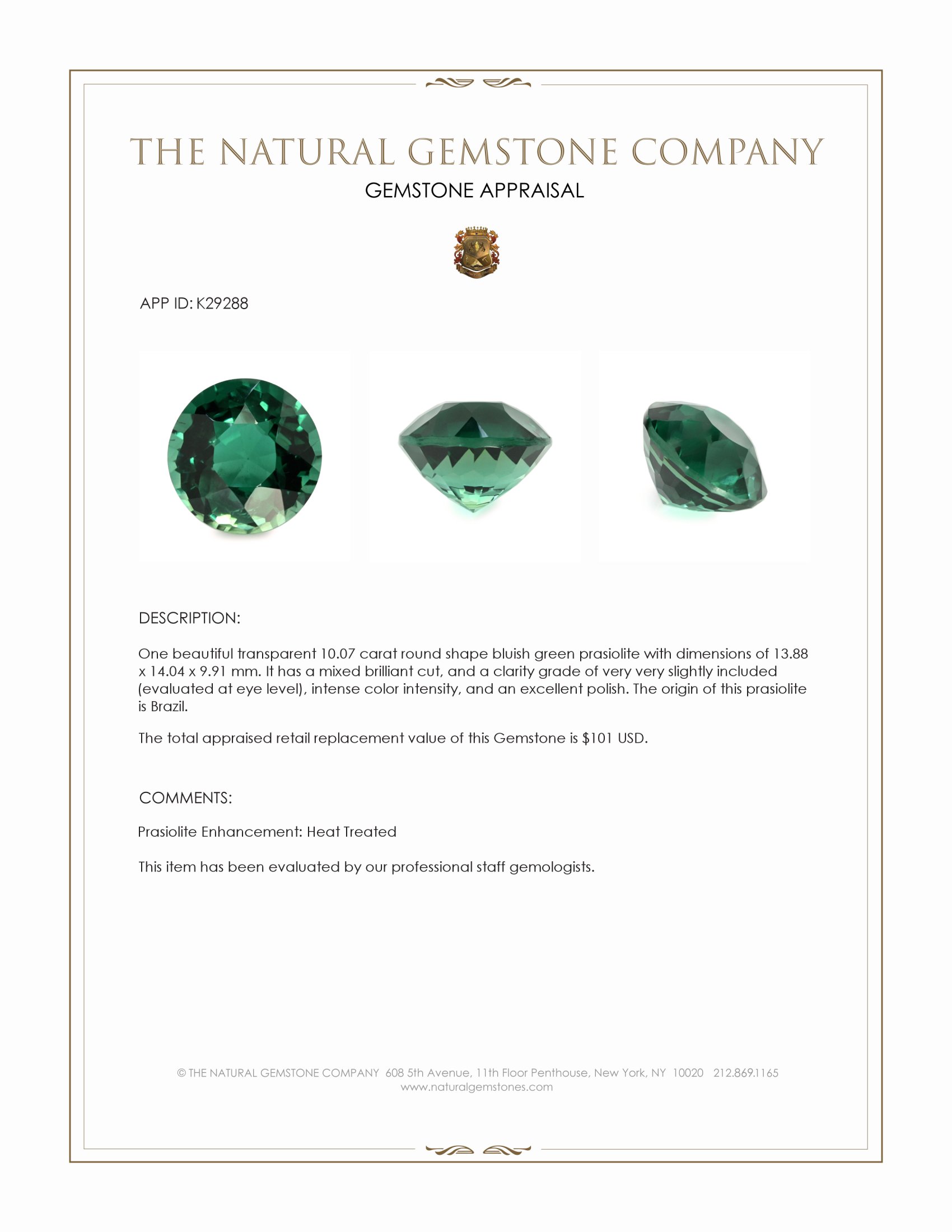10.07 Ct. Bluish Green Prasiolite from Brazil