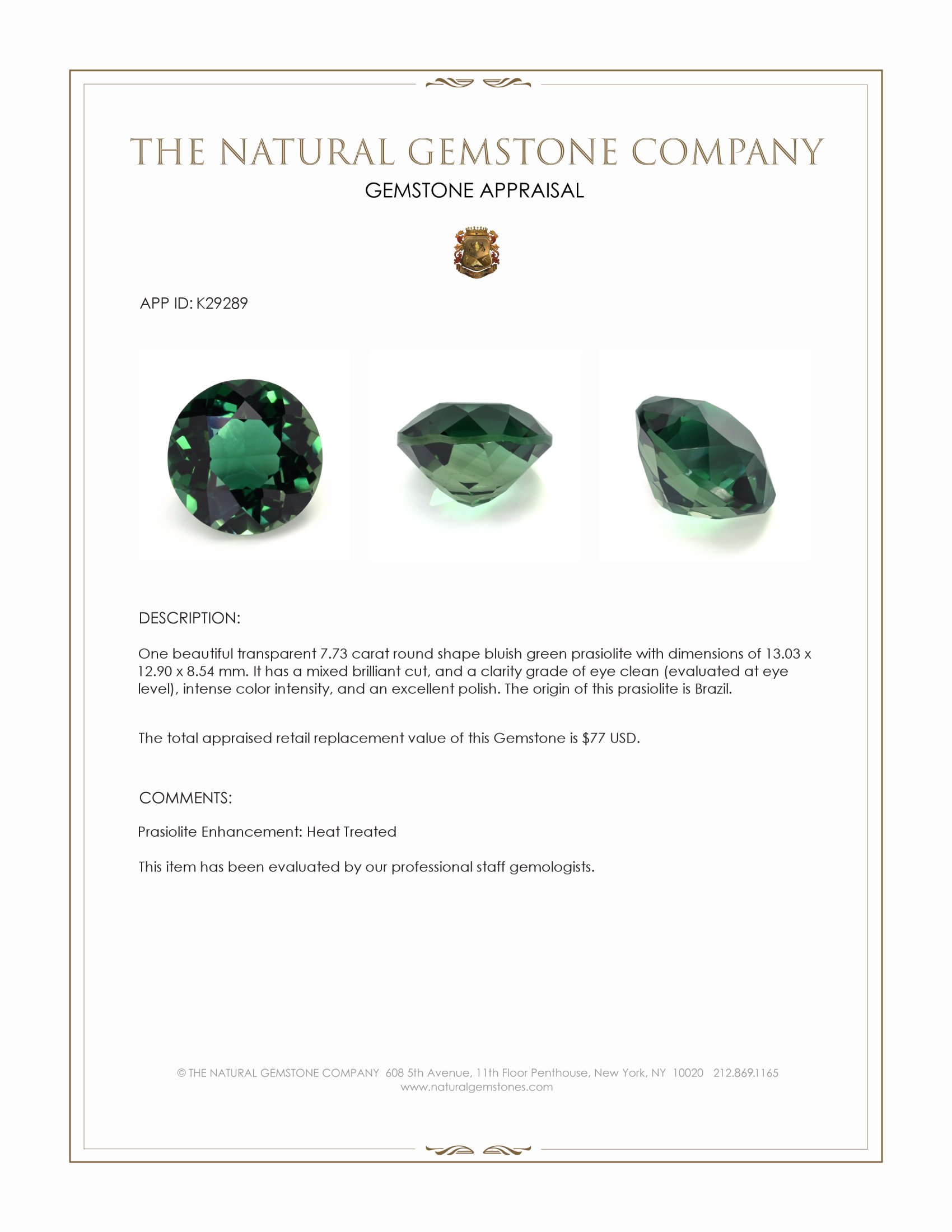 7.73 Ct. Bluish Green Prasiolite from Brazil
