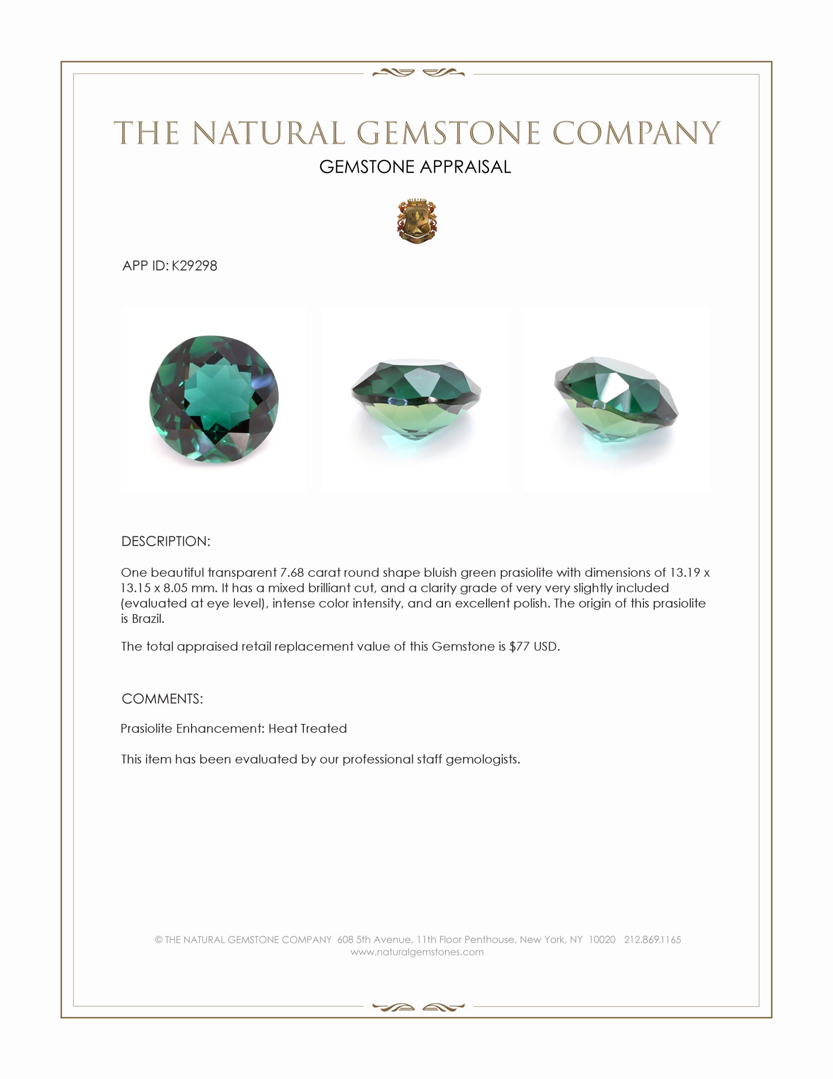 7.68 Ct. Bluish Green Prasiolite from Brazil