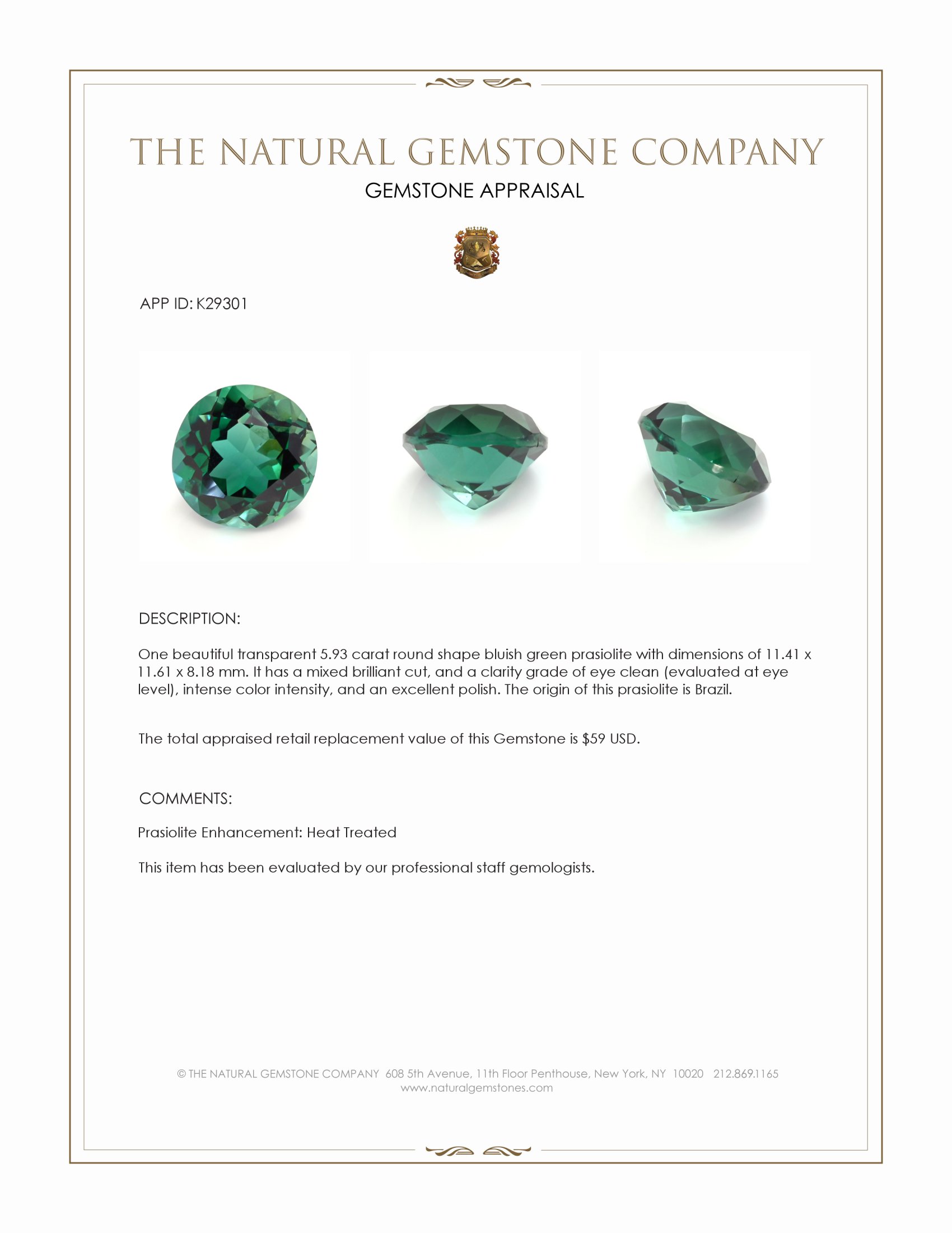 5.93 Ct. Bluish Green Prasiolite from Brazil