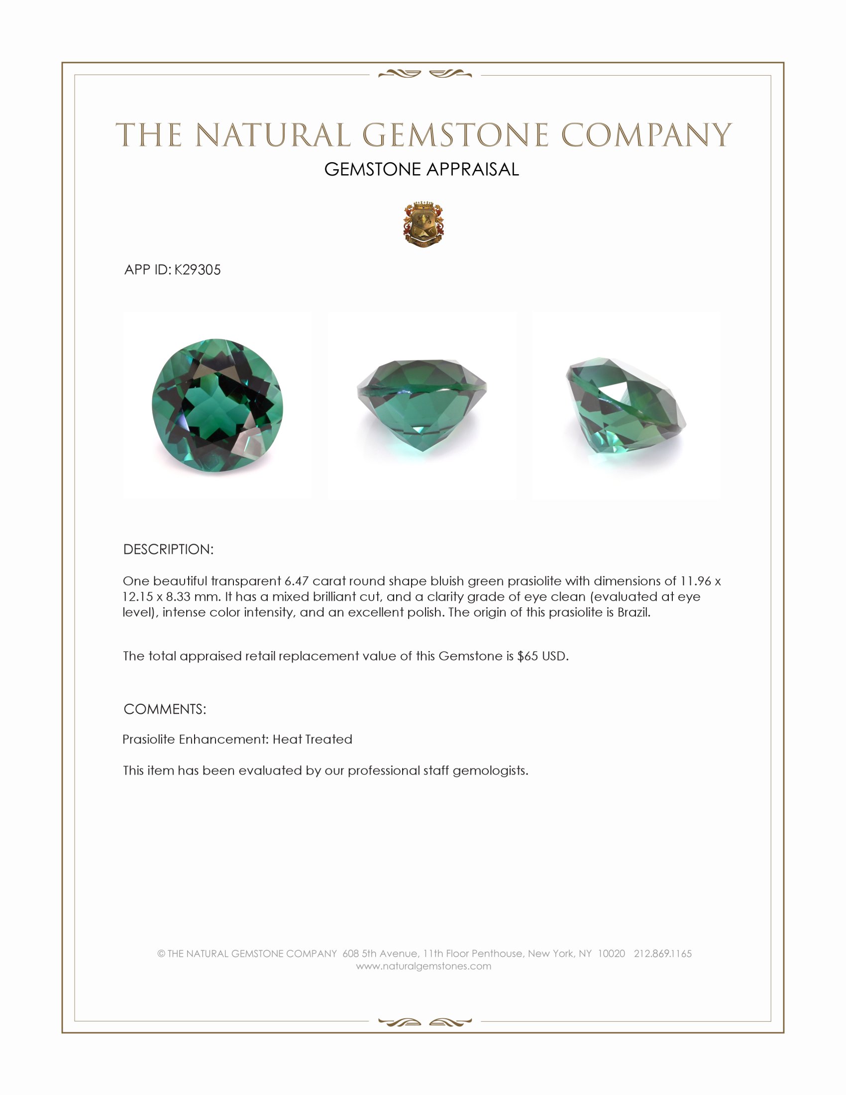 6.47 Ct. Bluish Green Prasiolite from Brazil