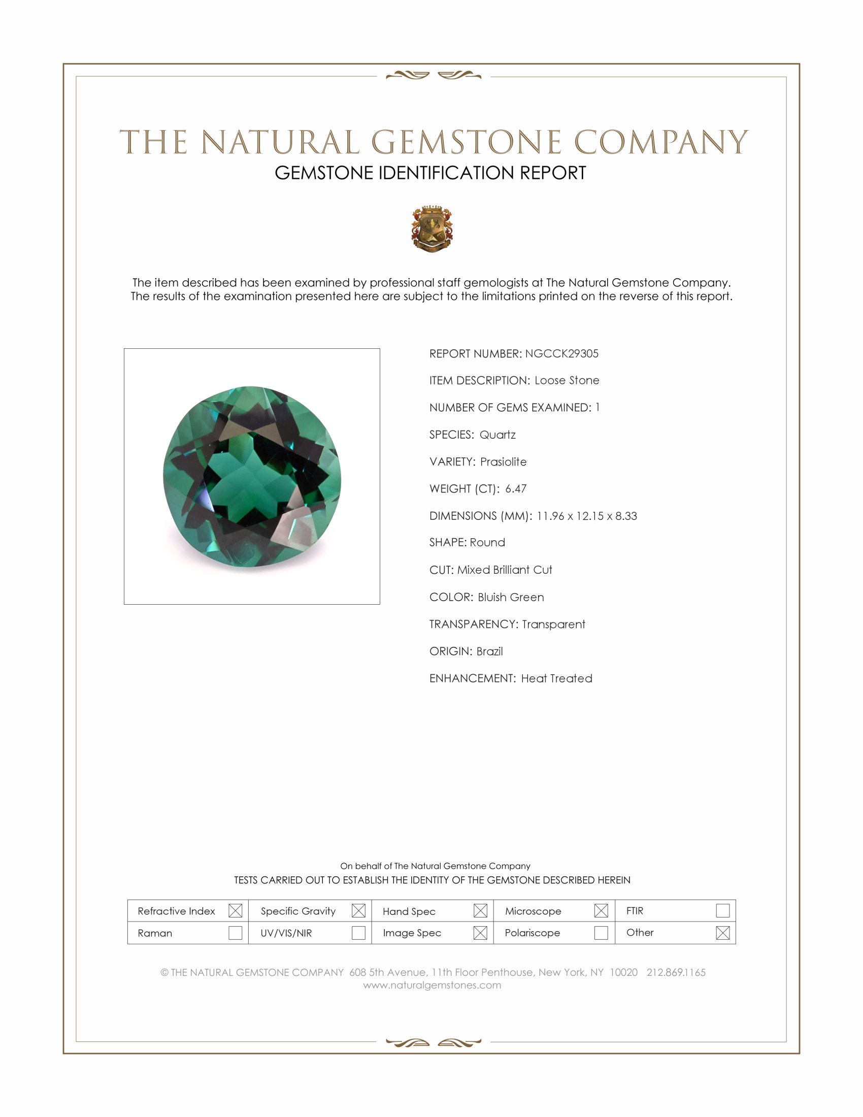6.47 Ct. Bluish Green Prasiolite from Brazil