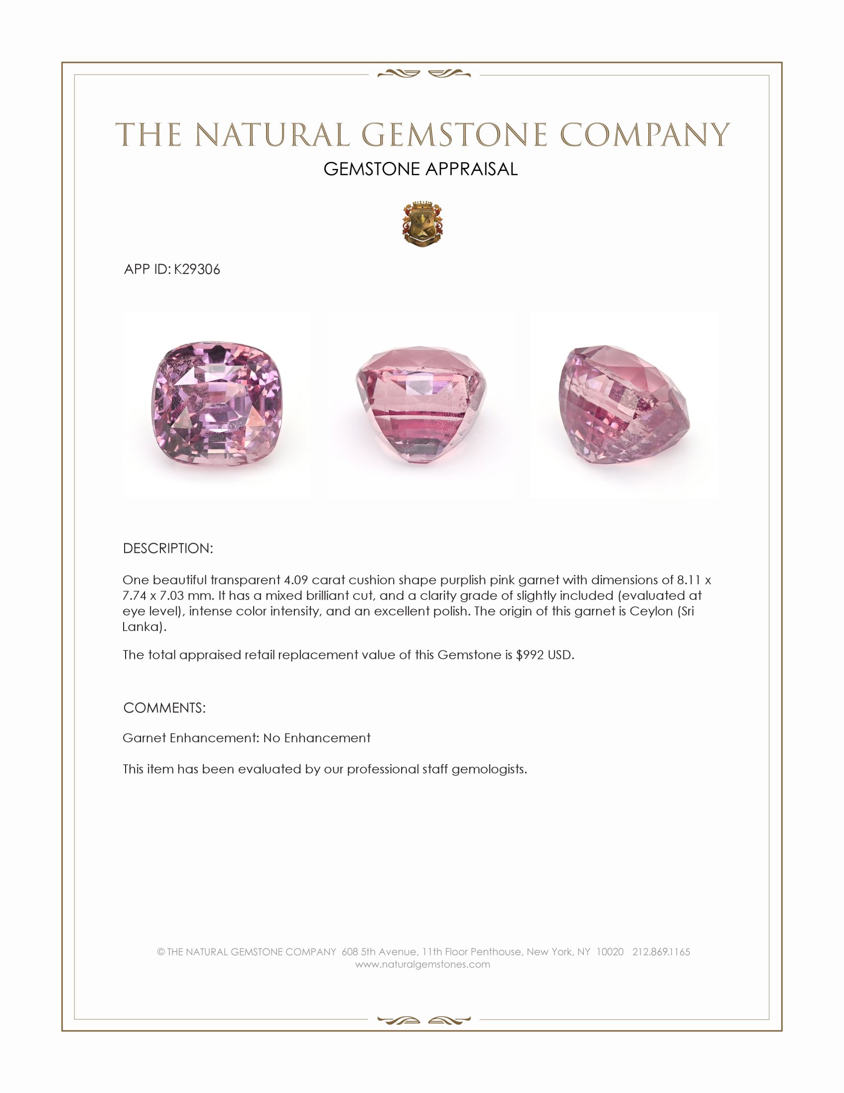 4.09 Ct. Purplish Pink Garnet from Ceylon (Sri Lanka)