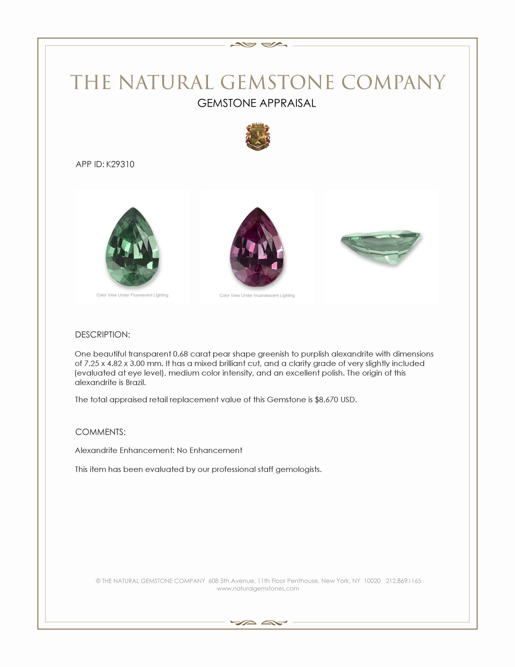 0.68 Ct. Alexandrite from Brazil
