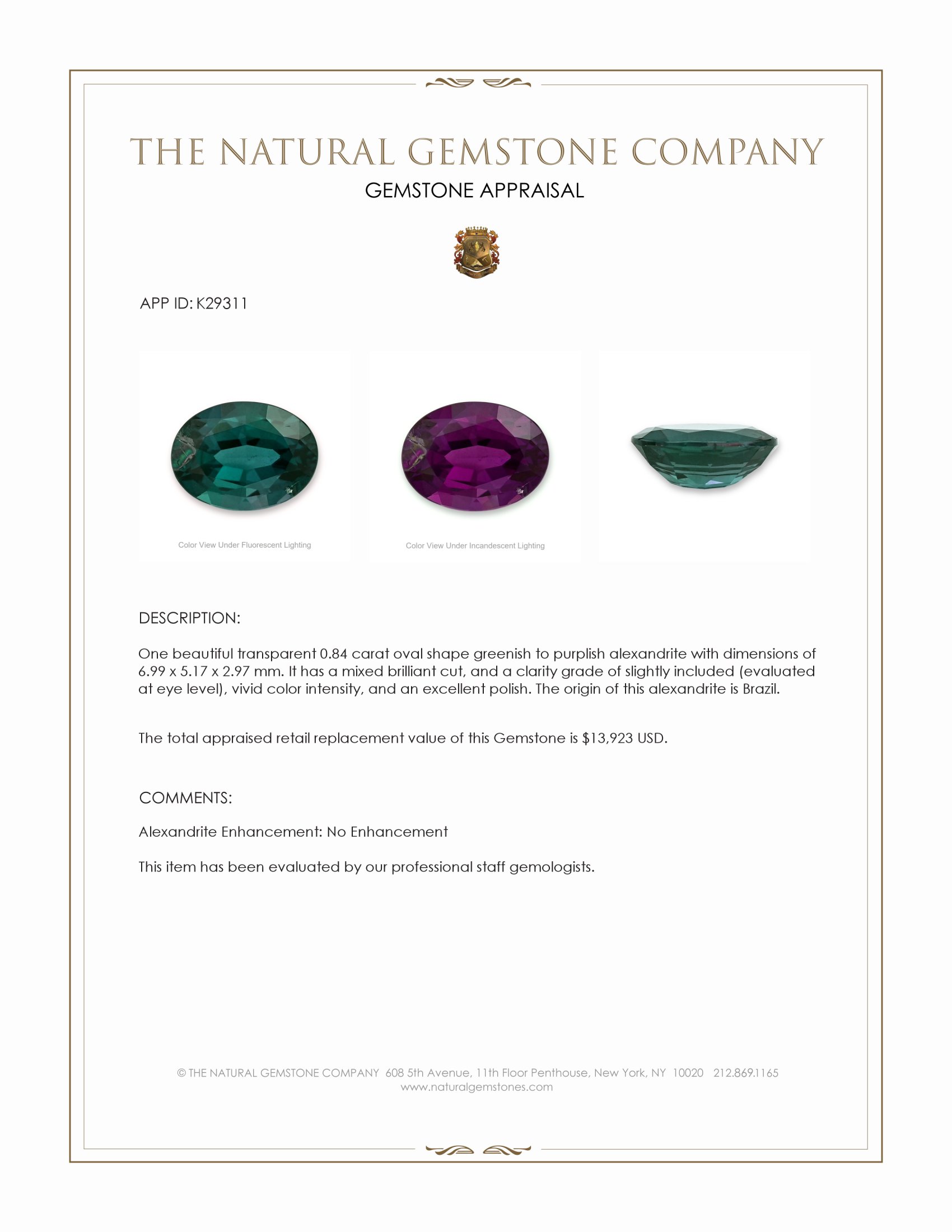 0.84 Ct. Alexandrite from Brazil