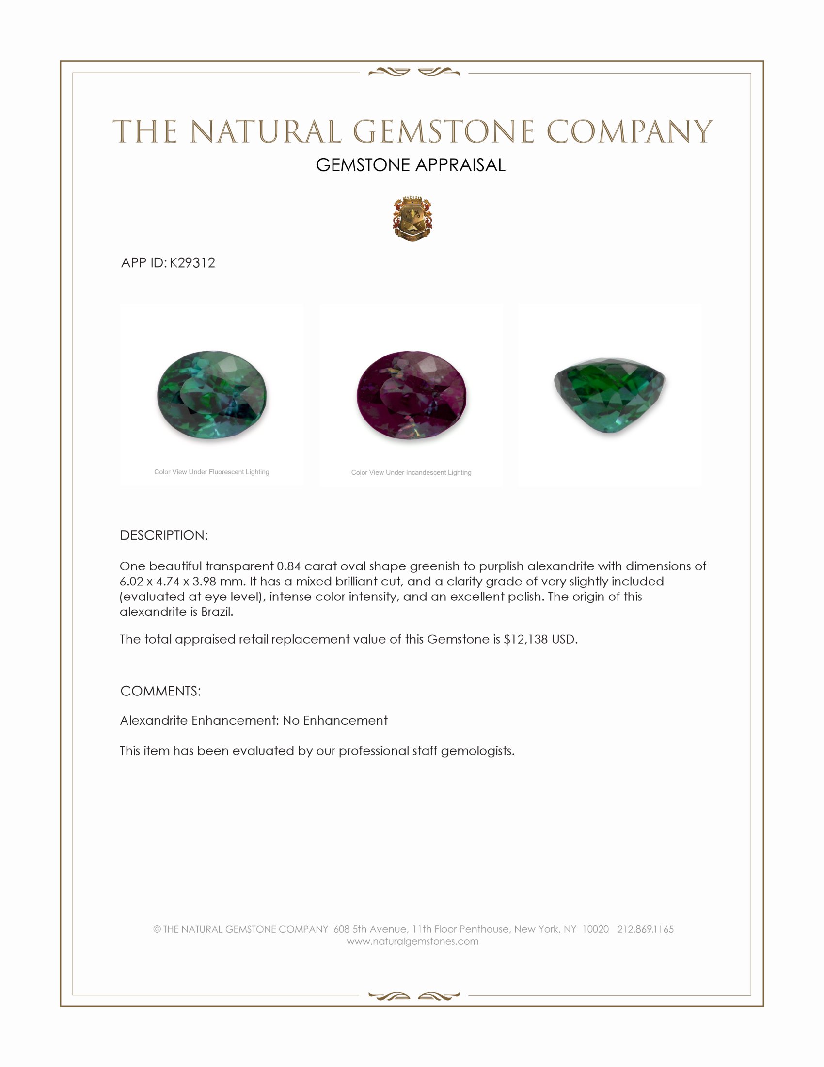0.84 Ct. Alexandrite from Brazil