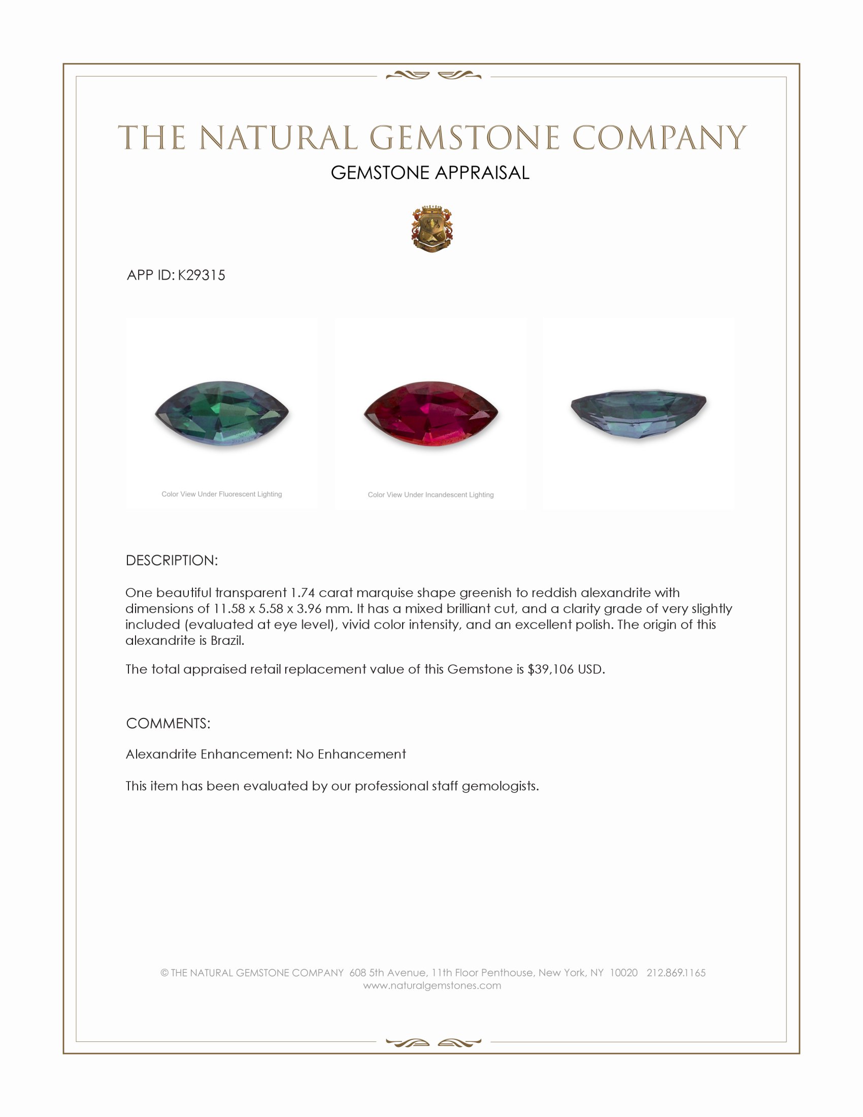 1.74 Ct. Alexandrite from Brazil