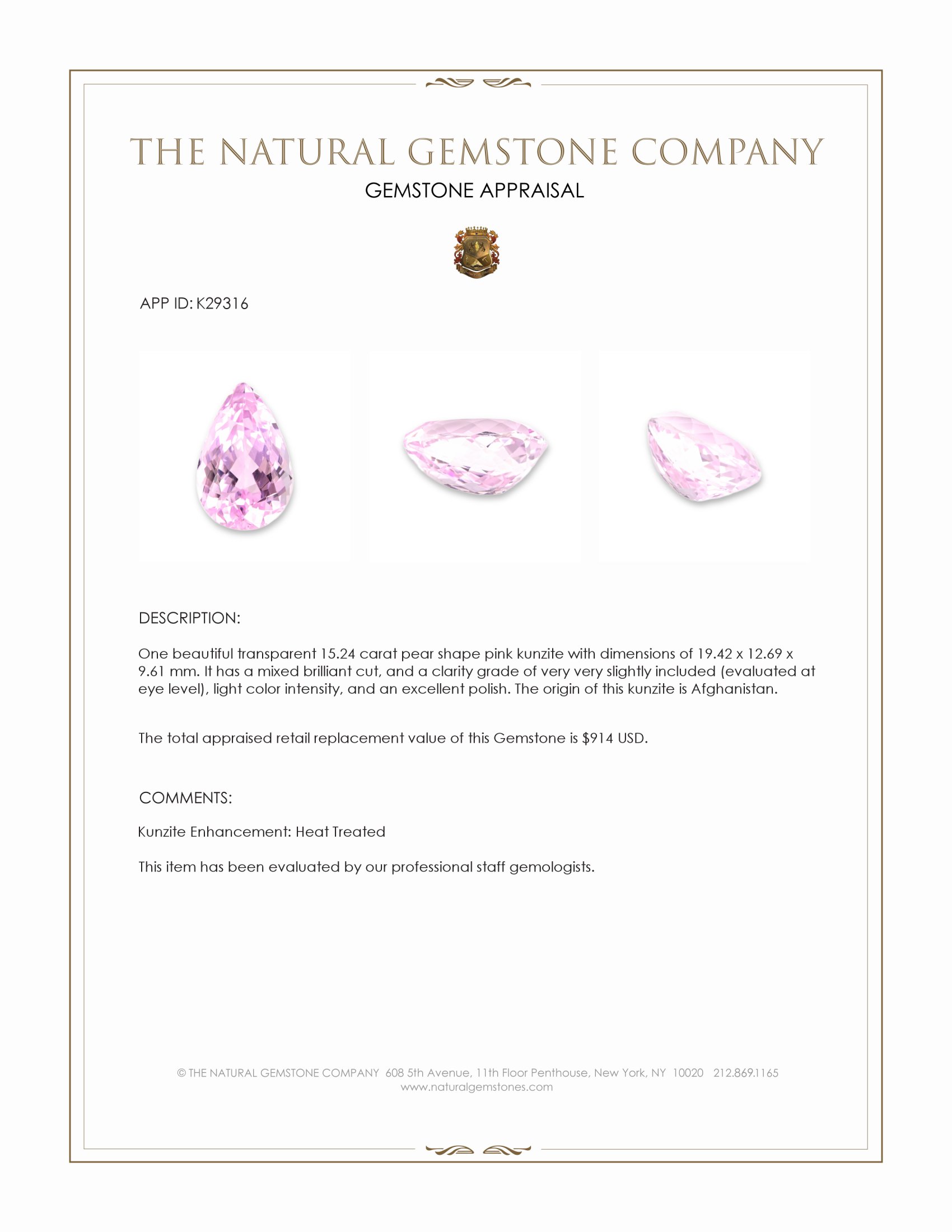 15.24 Ct. Pink Kunzite from Afghanistan