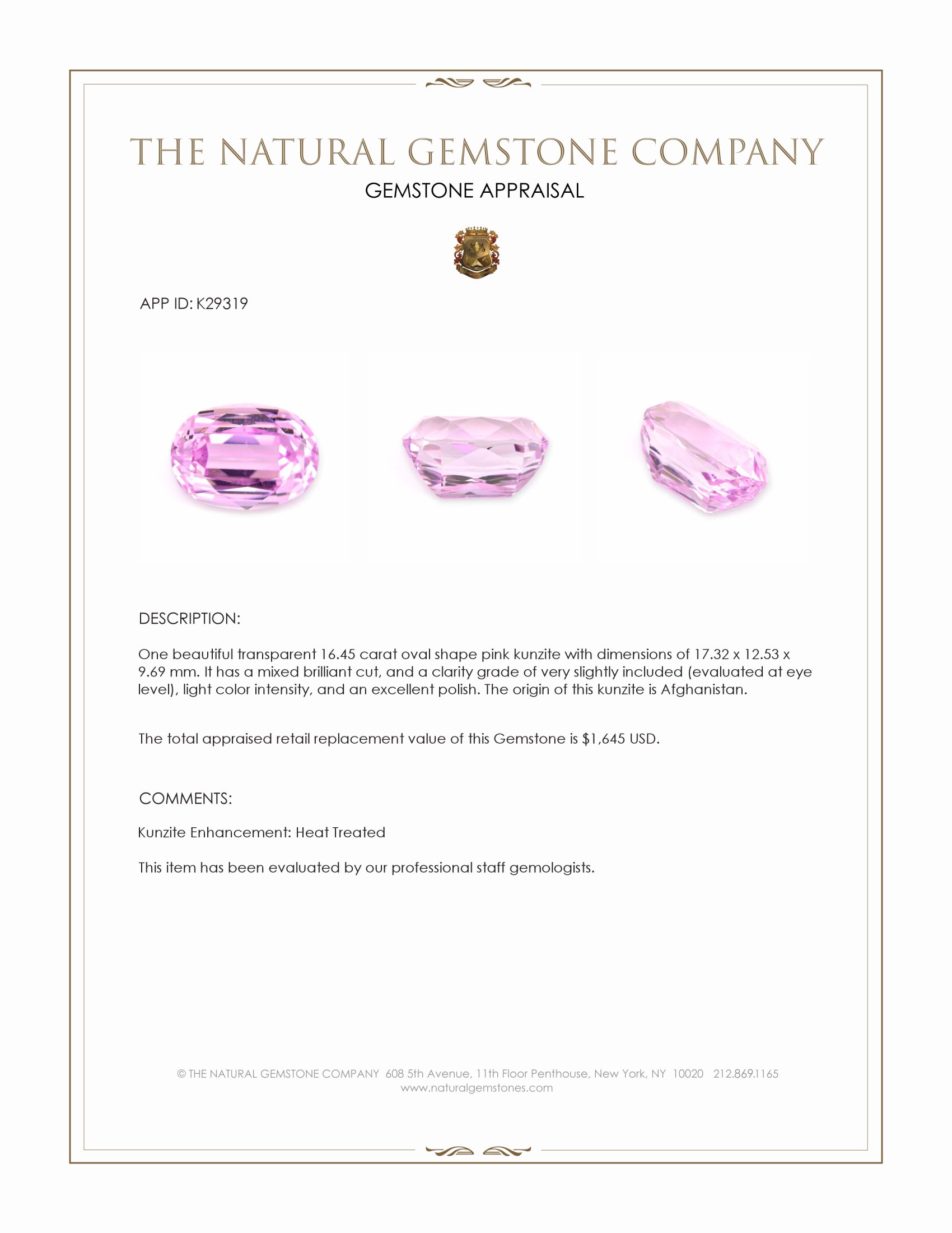 16.45 Ct. Pink Kunzite from Afghanistan