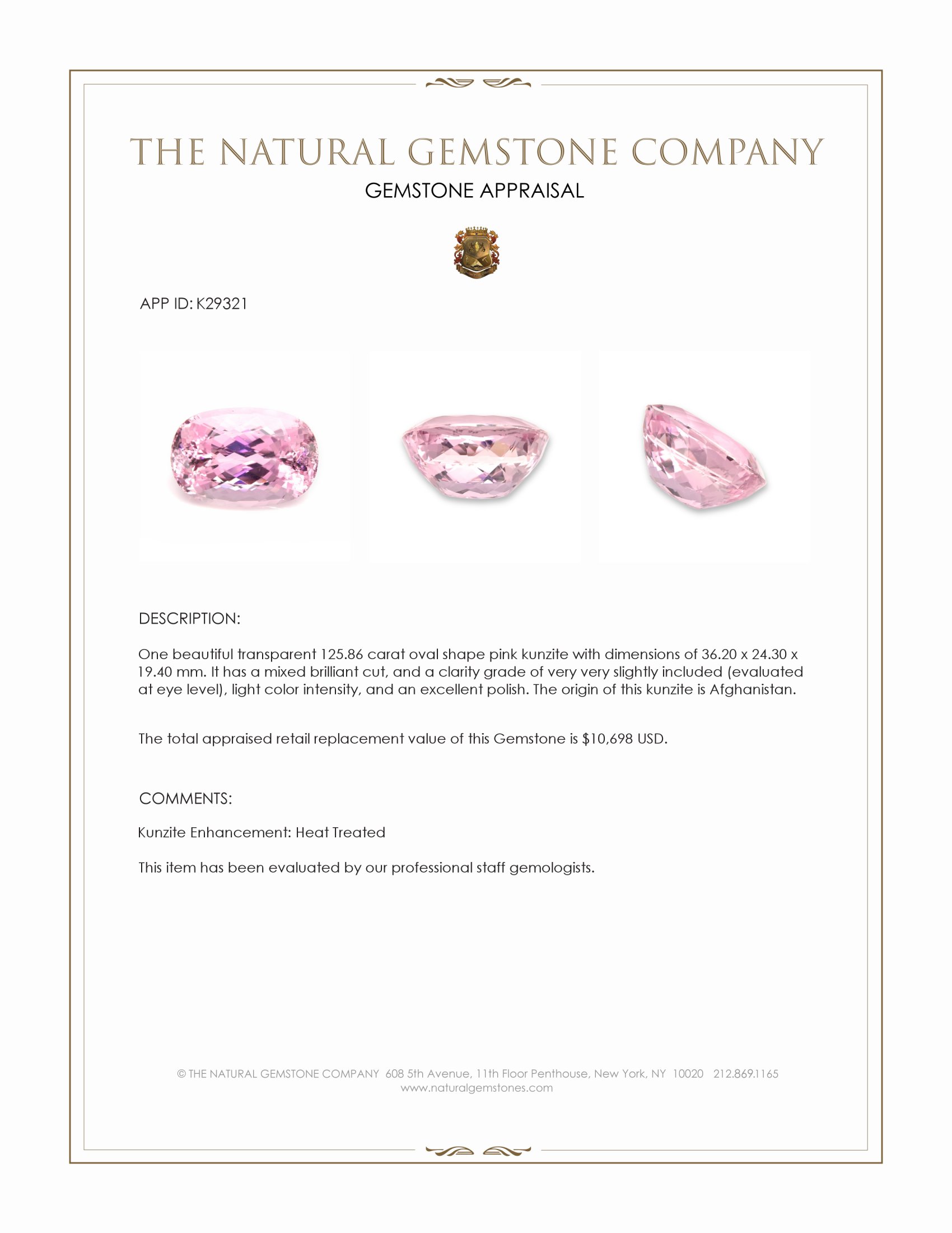 125.86 Ct. Pink Kunzite from Afghanistan