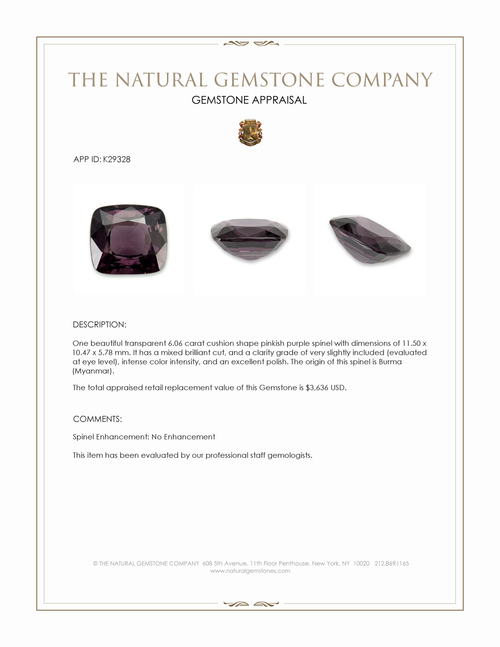 6.06 Ct. Pinkish Purple Spinel from Burma (Myanmar)