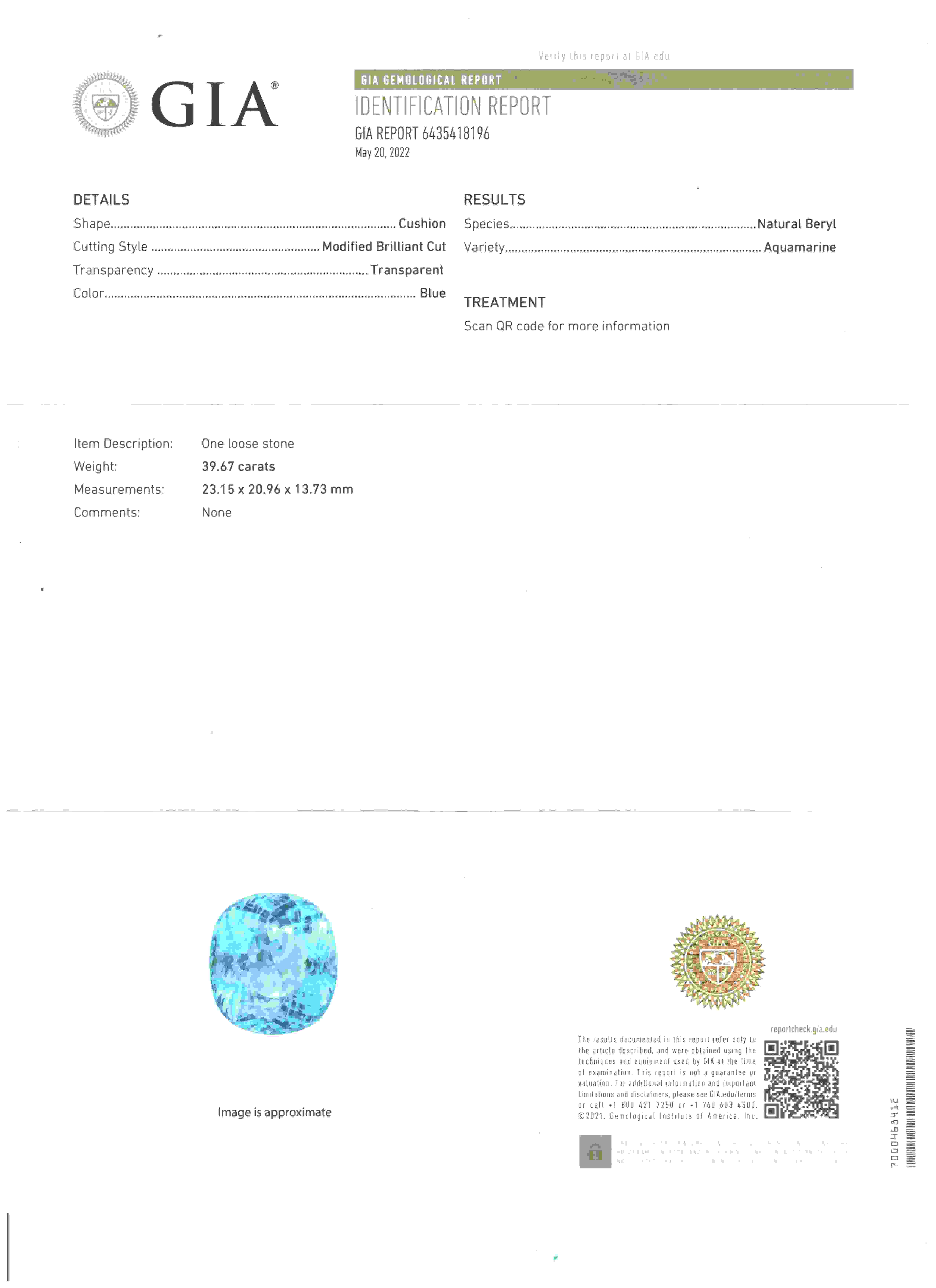 39.67 Ct. Blue Aquamarine from Brazil
