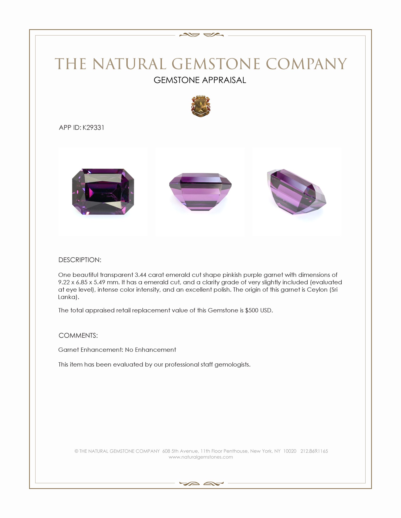 3.44 Ct. Pinkish Purple Garnet from Ceylon (Sri Lanka)