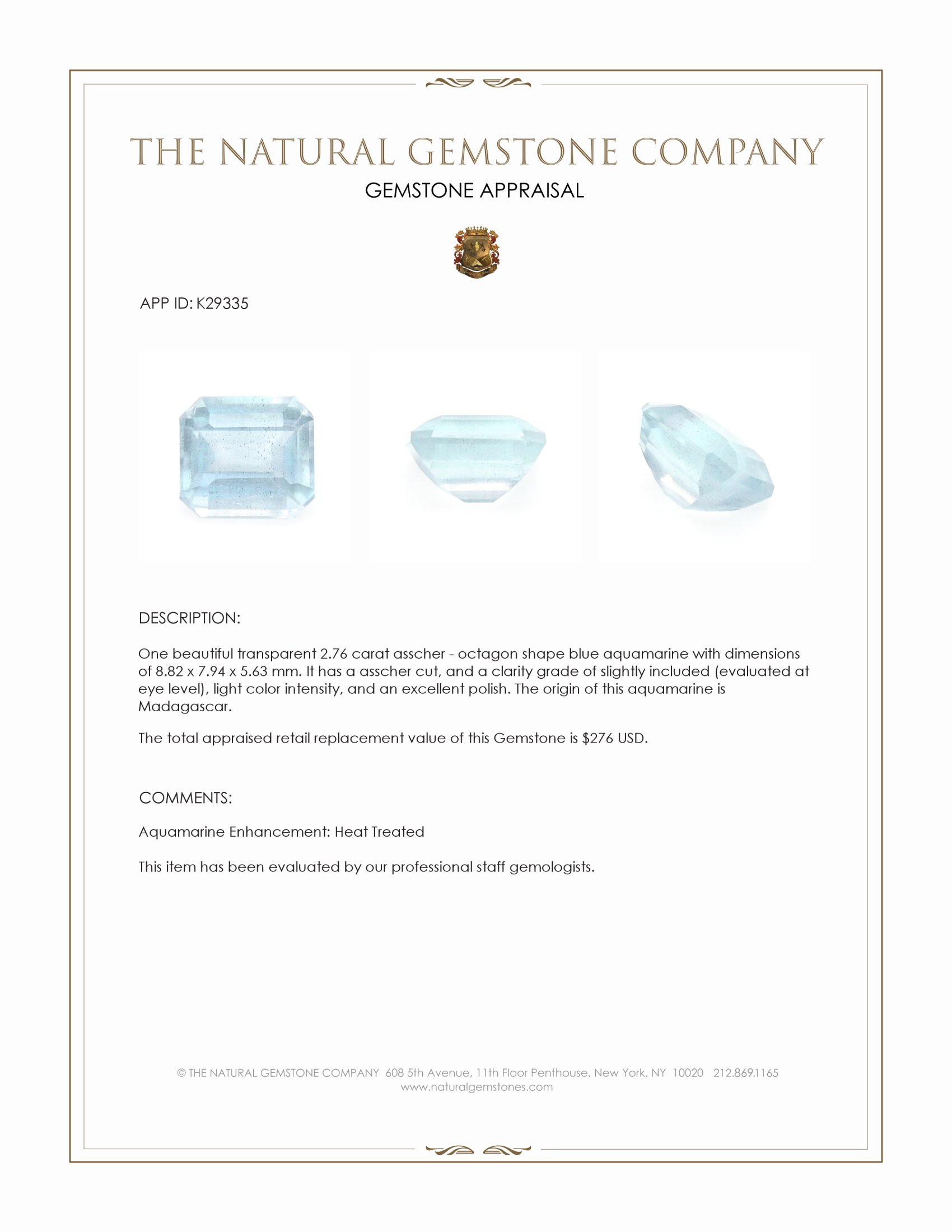 2.76 Ct. Blue Aquamarine from Madagascar