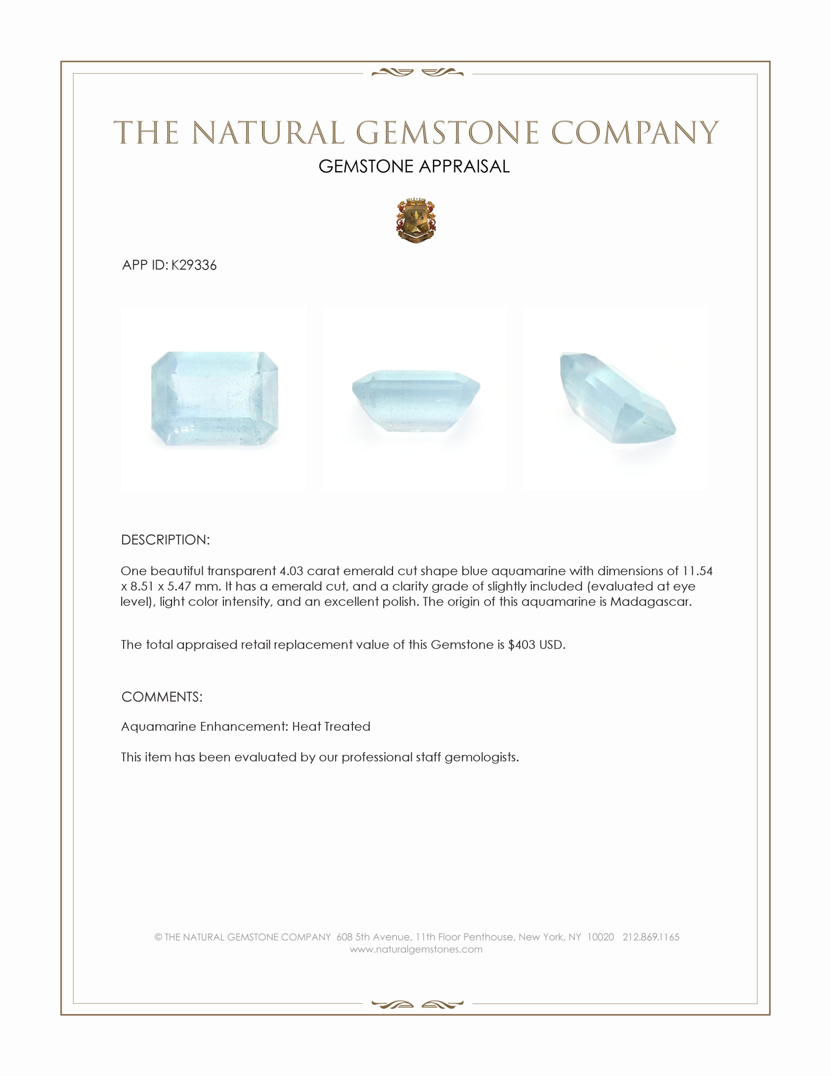 4.03 Ct. Blue Aquamarine from Madagascar