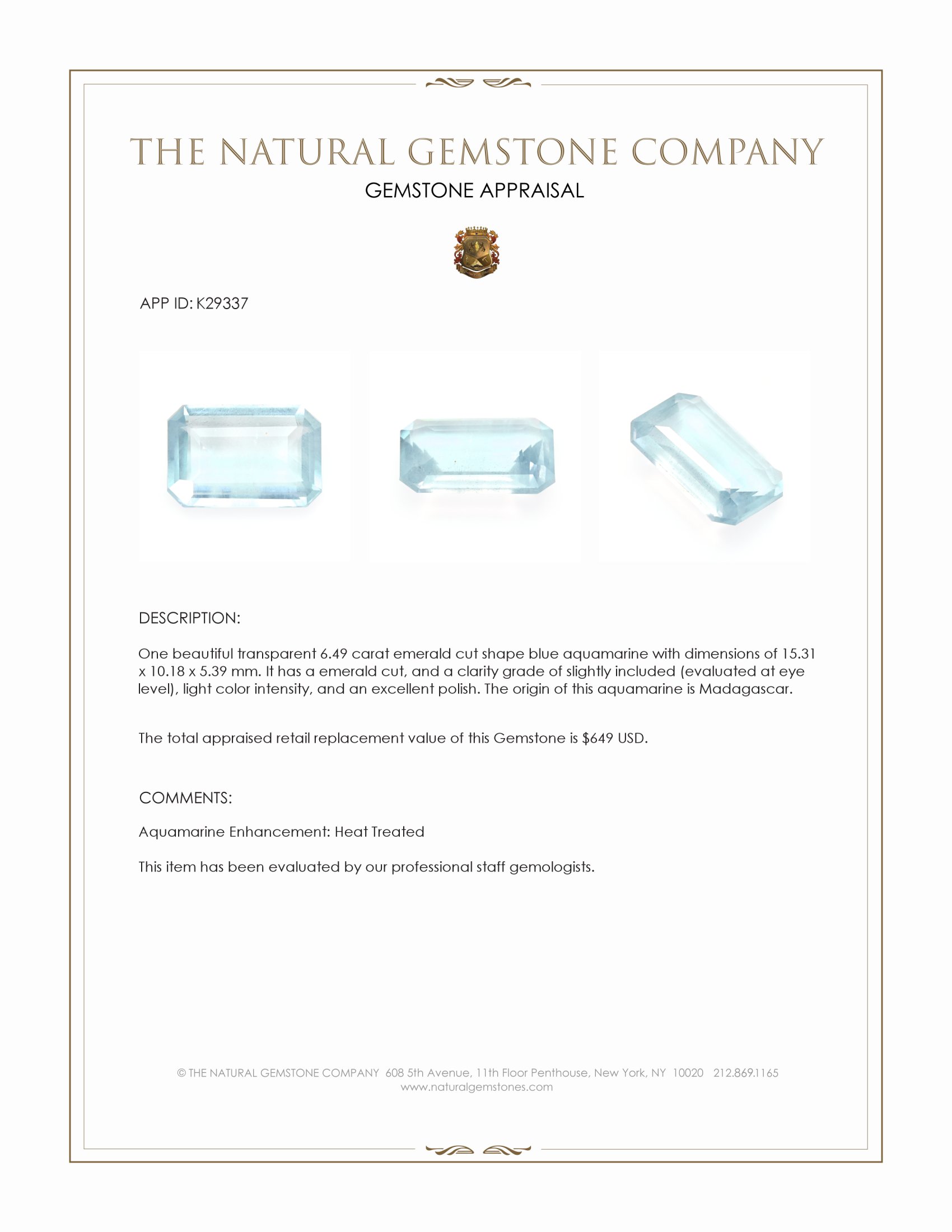 6.49 Ct. Blue Aquamarine from Madagascar