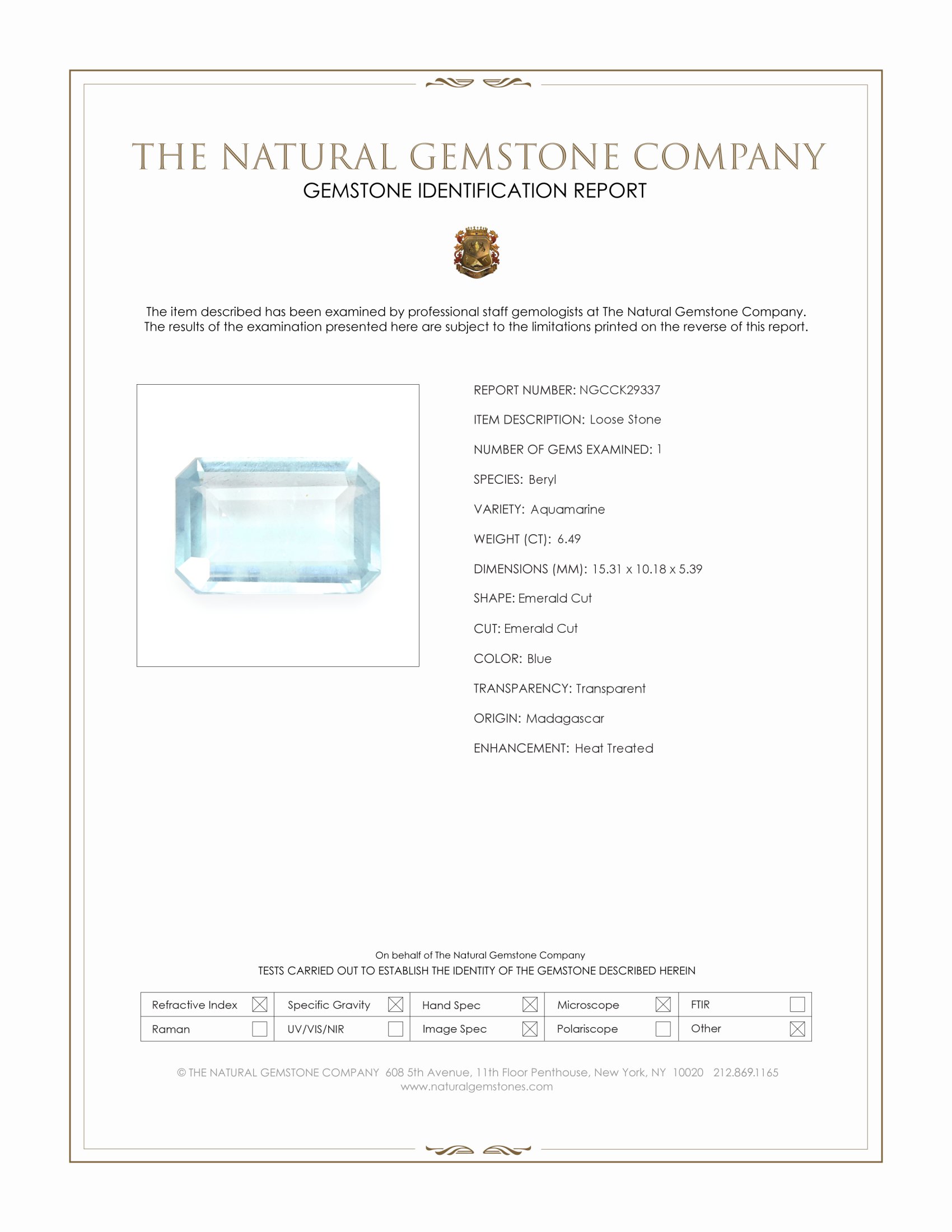 6.49 Ct. Blue Aquamarine from Madagascar