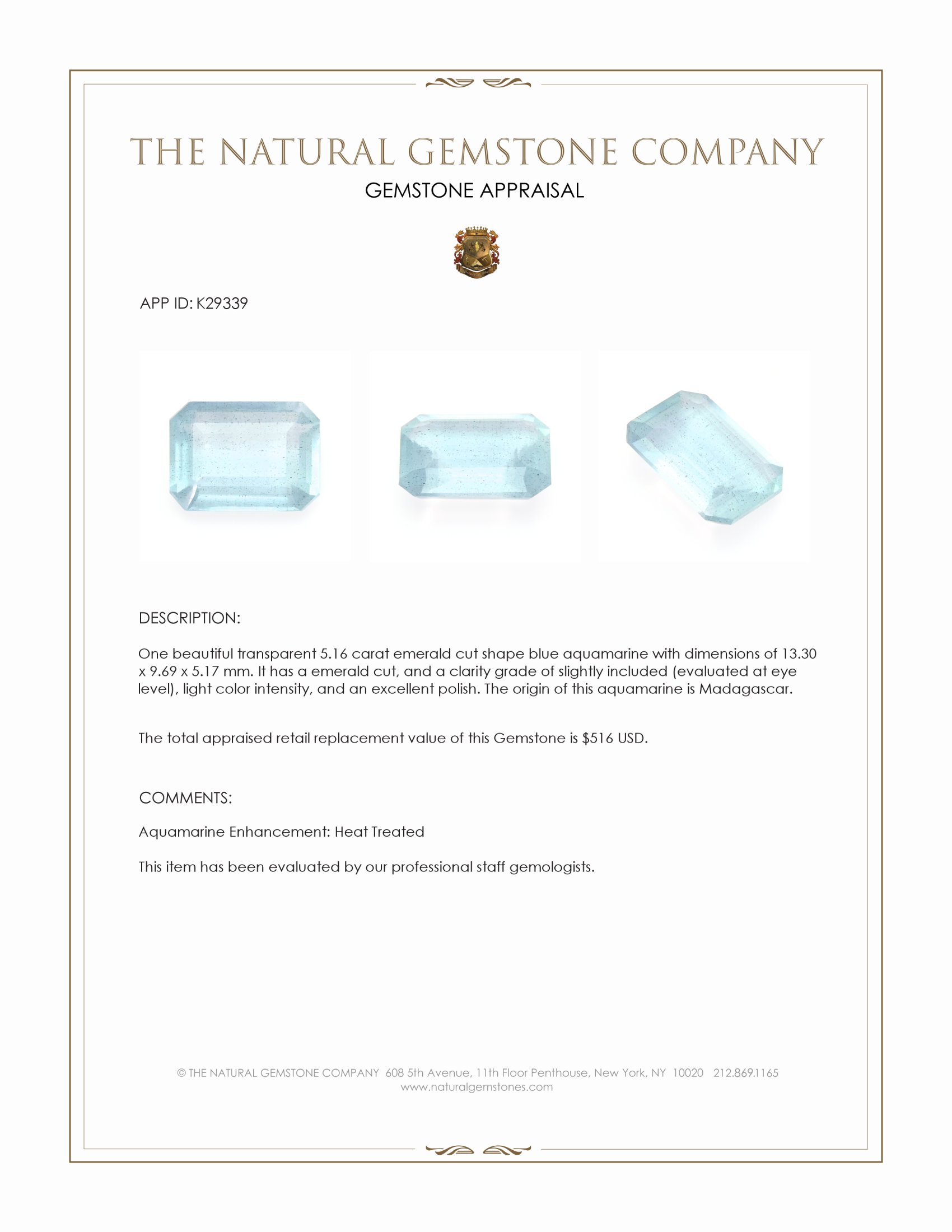5.16 Ct. Blue Aquamarine from Madagascar