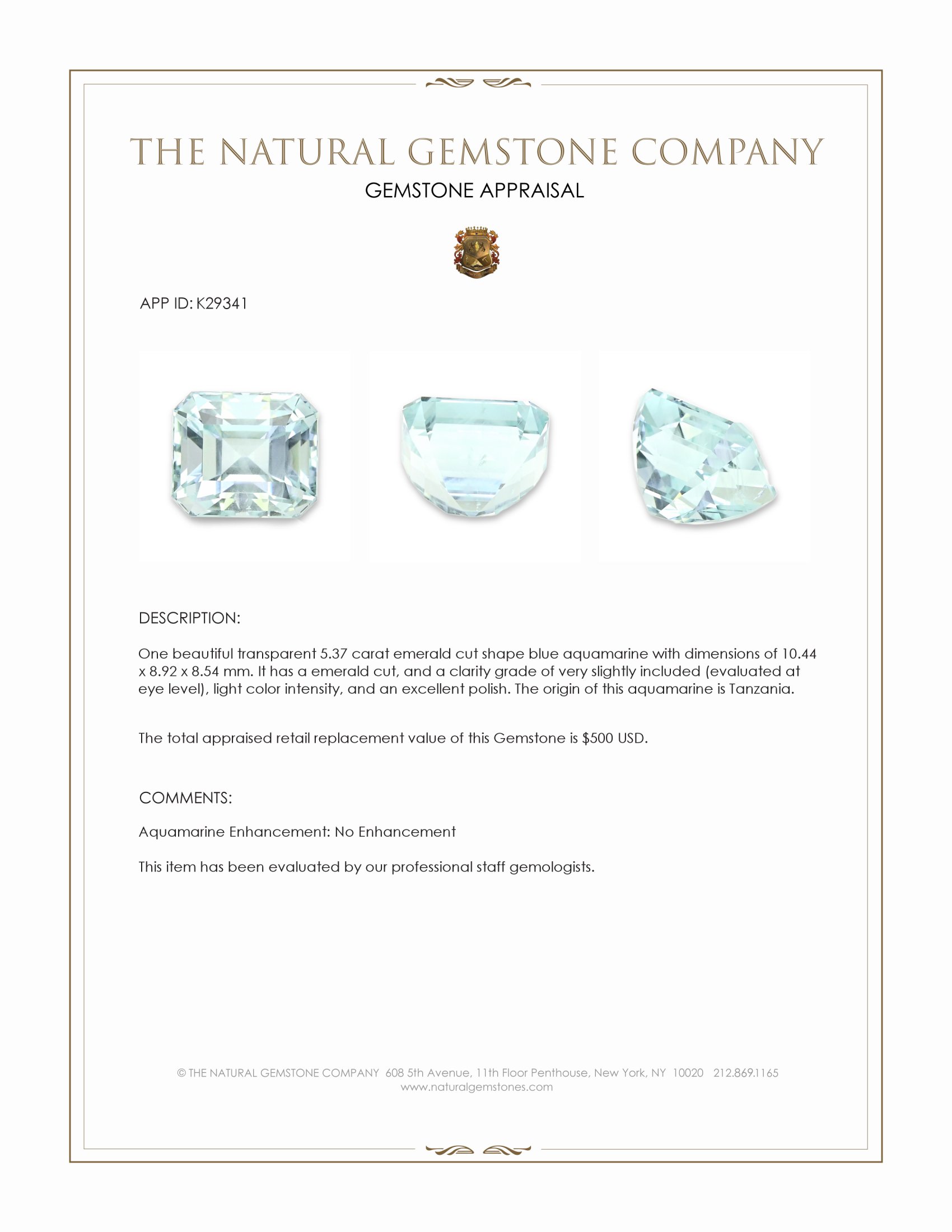 5.37 Ct. Blue Aquamarine from Tanzania
