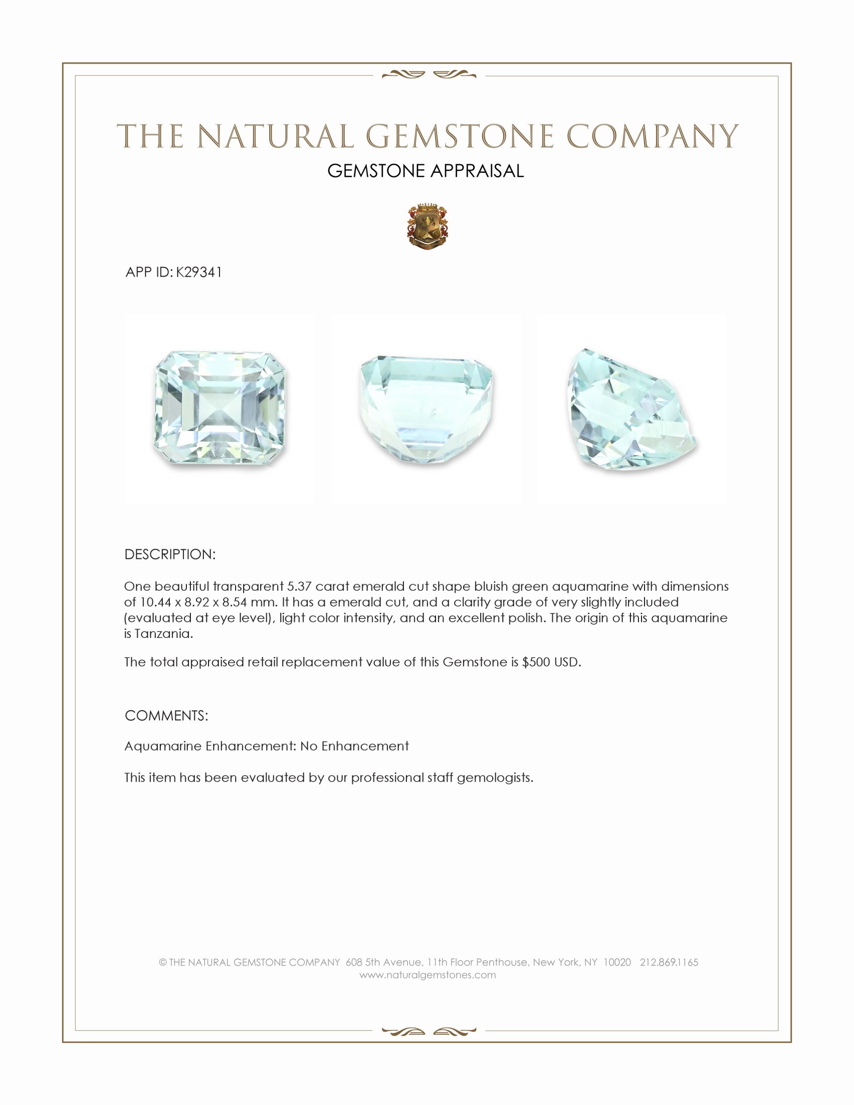 5.37 Ct. Bluish Green Aquamarine from Tanzania