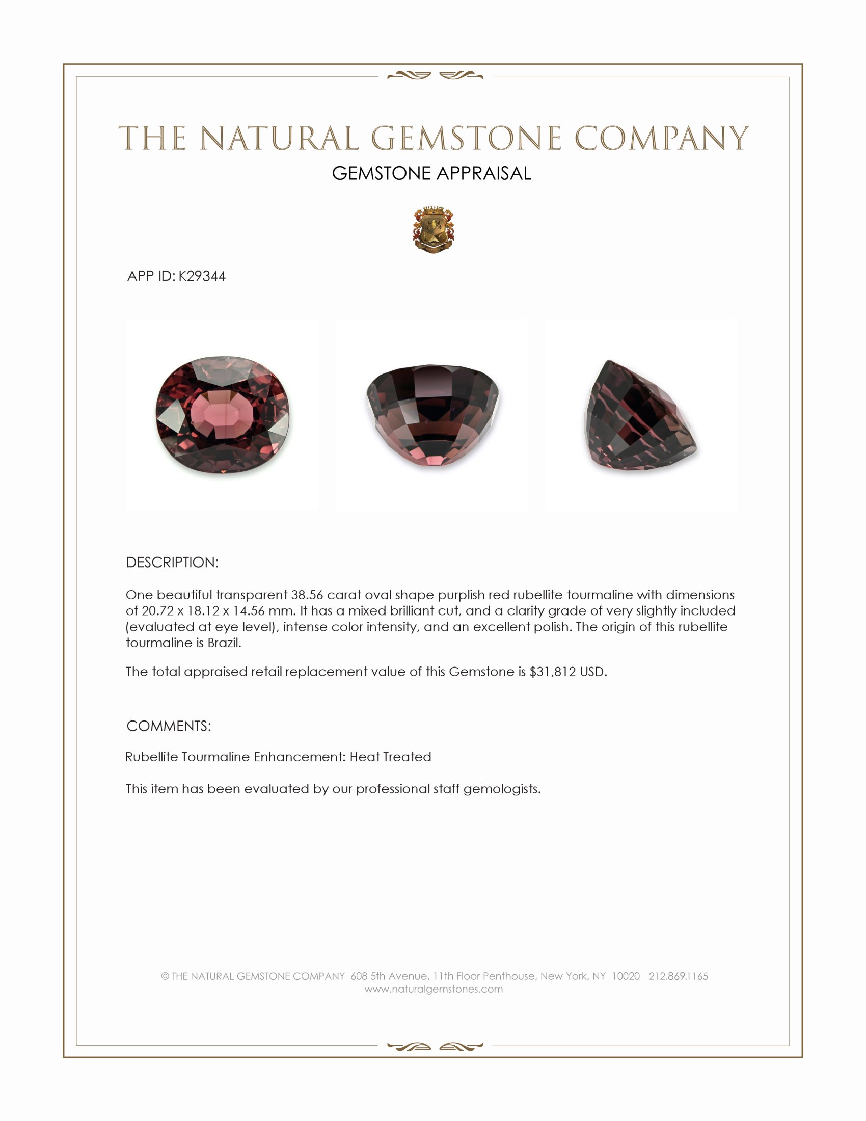 38.56 Ct. Purplish Red Rubellite Tourmaline from Brazil