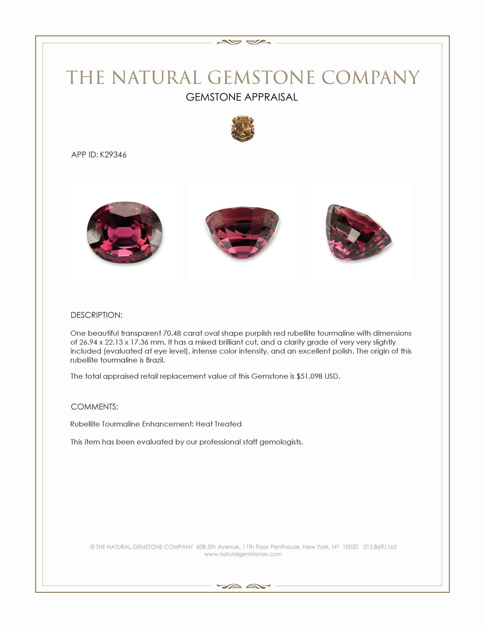 70.48 Ct. Purplish Red Rubellite Tourmaline from Brazil
