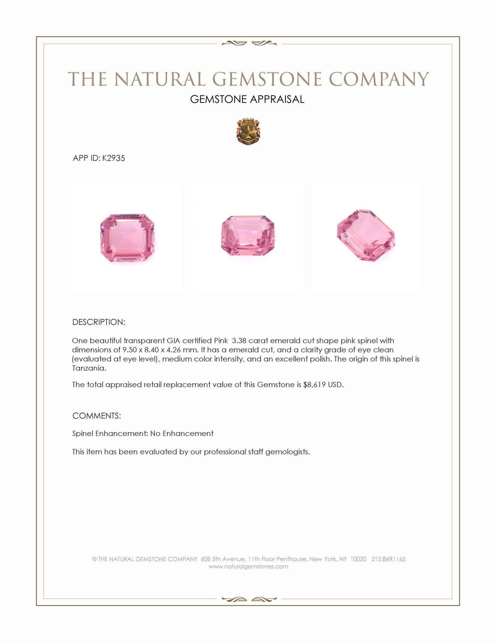 3.38 Ct. Pink Spinel from Tanzania