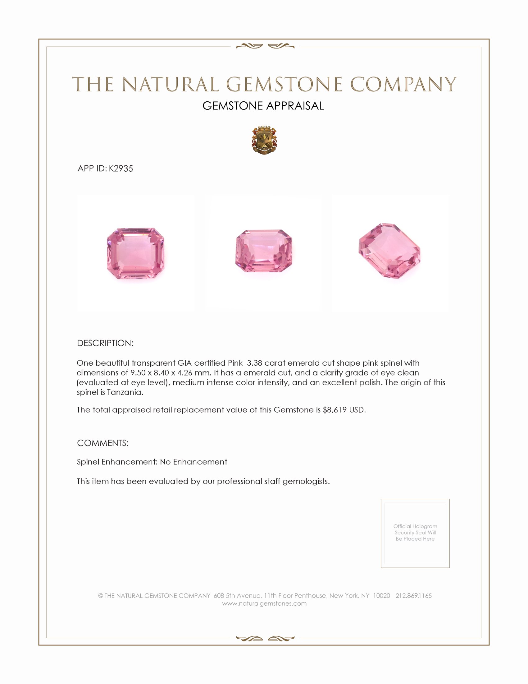 3.38 Ct. Spinel from Tanzania