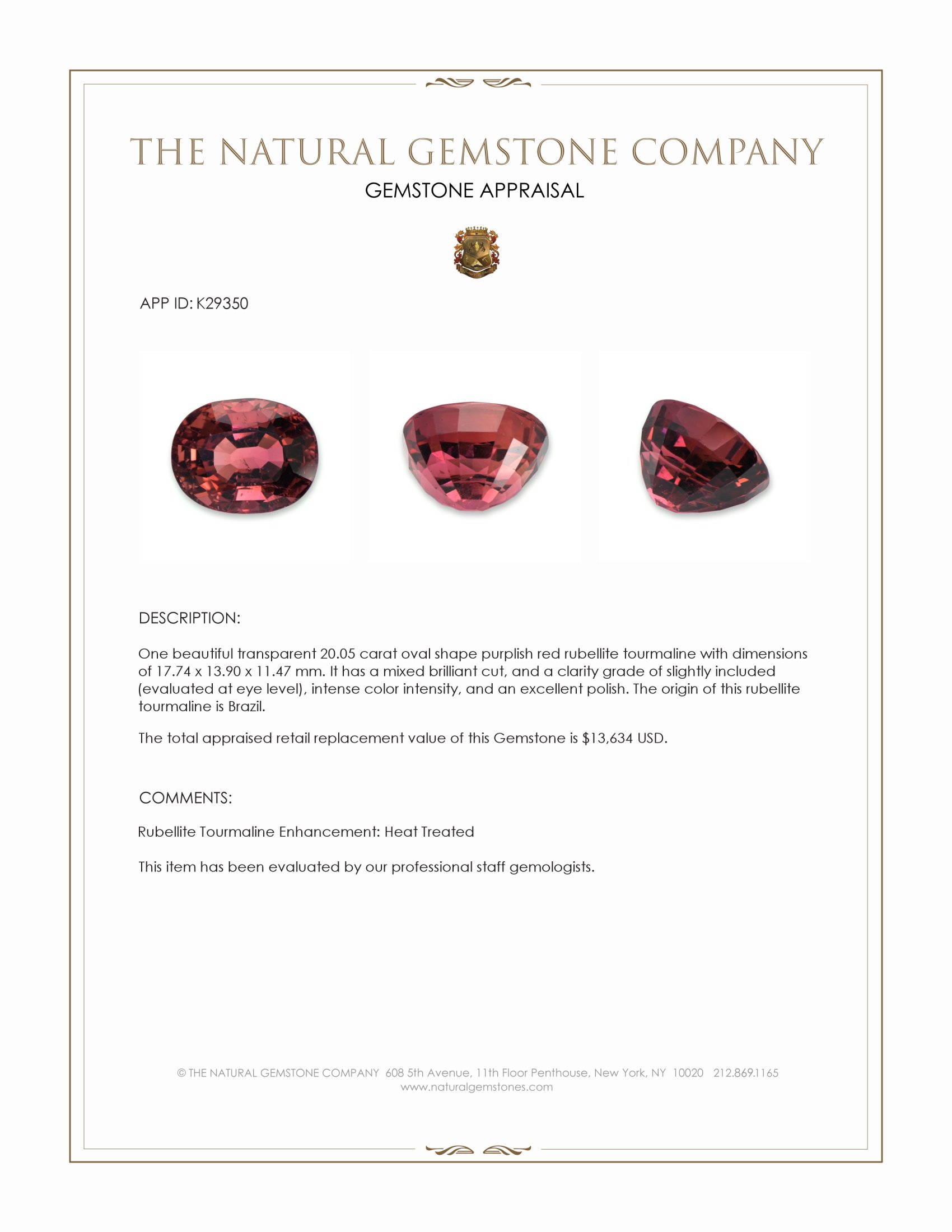 20.05 Ct. Purplish Red Rubellite Tourmaline from Brazil