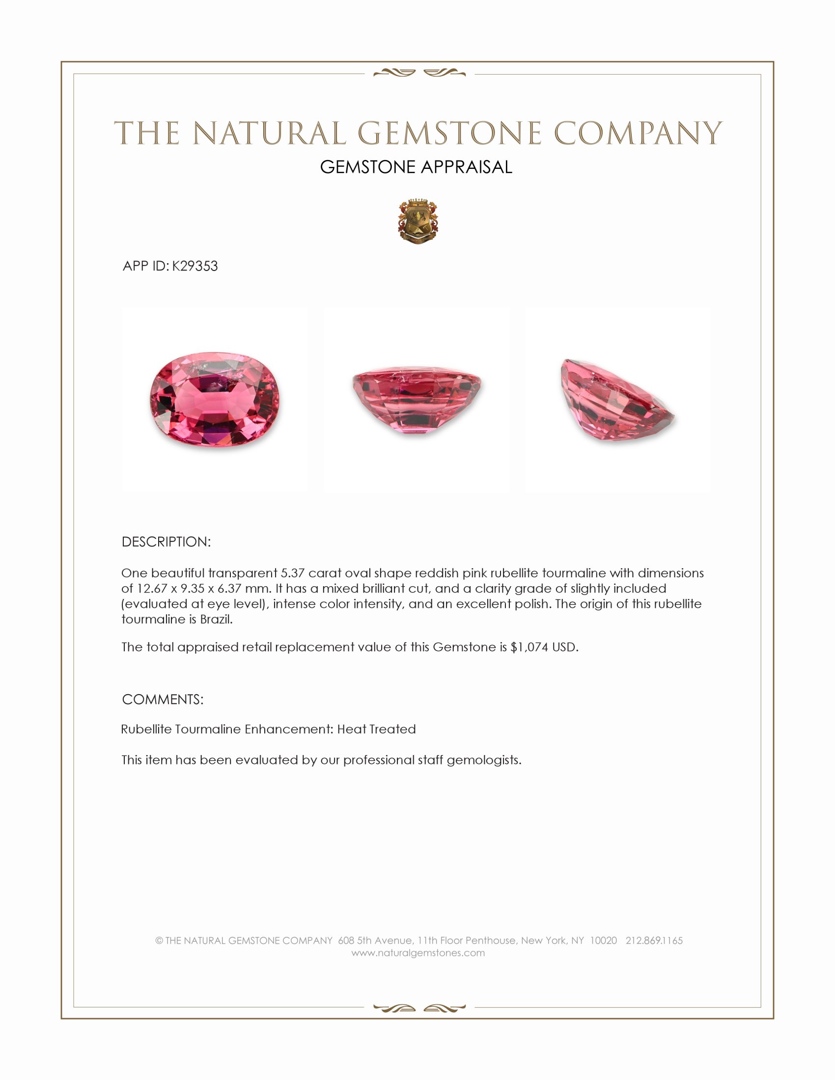 5.37 Ct. Reddish Pink Rubellite Tourmaline from Brazil