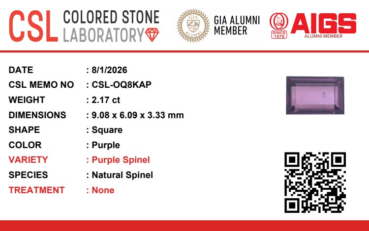 2.16 Ct. Pinkish Purple Spinel from Ceylon (Sri Lanka)