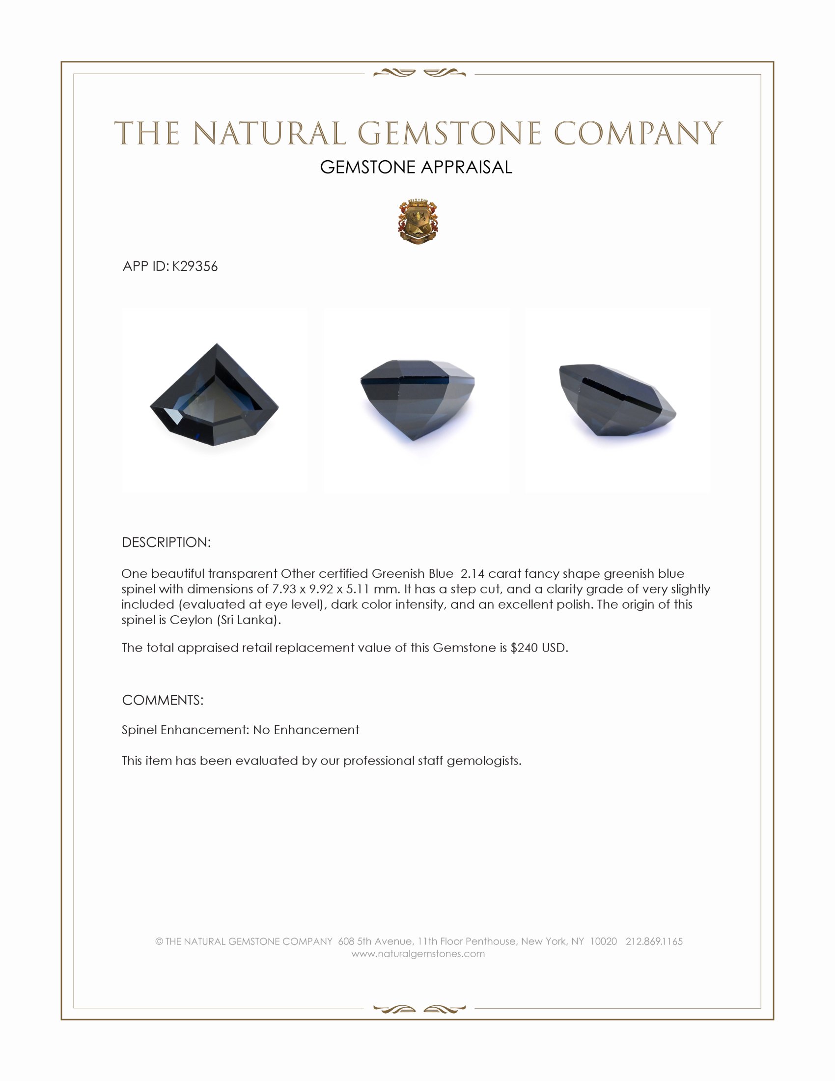 2.14 Ct. Greenish Blue Spinel from Ceylon (Sri Lanka)