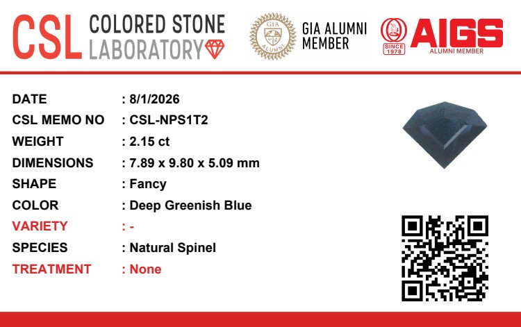 2.14 Ct. Greenish Blue Spinel from Ceylon (Sri Lanka)