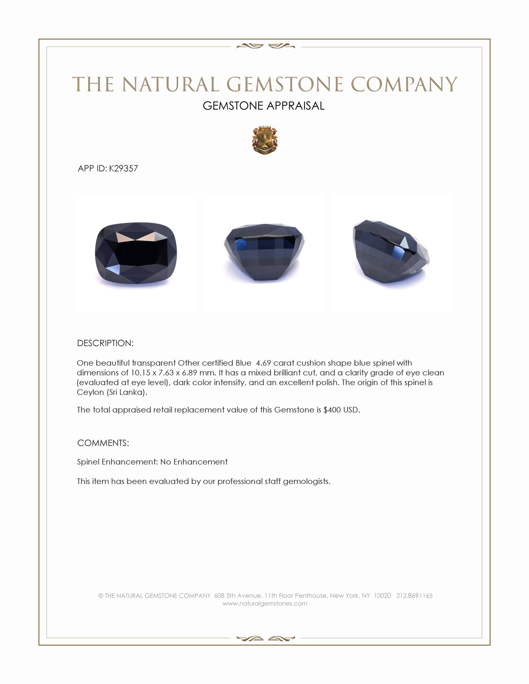 4.69 Ct. Blue Spinel from Ceylon (Sri Lanka)
