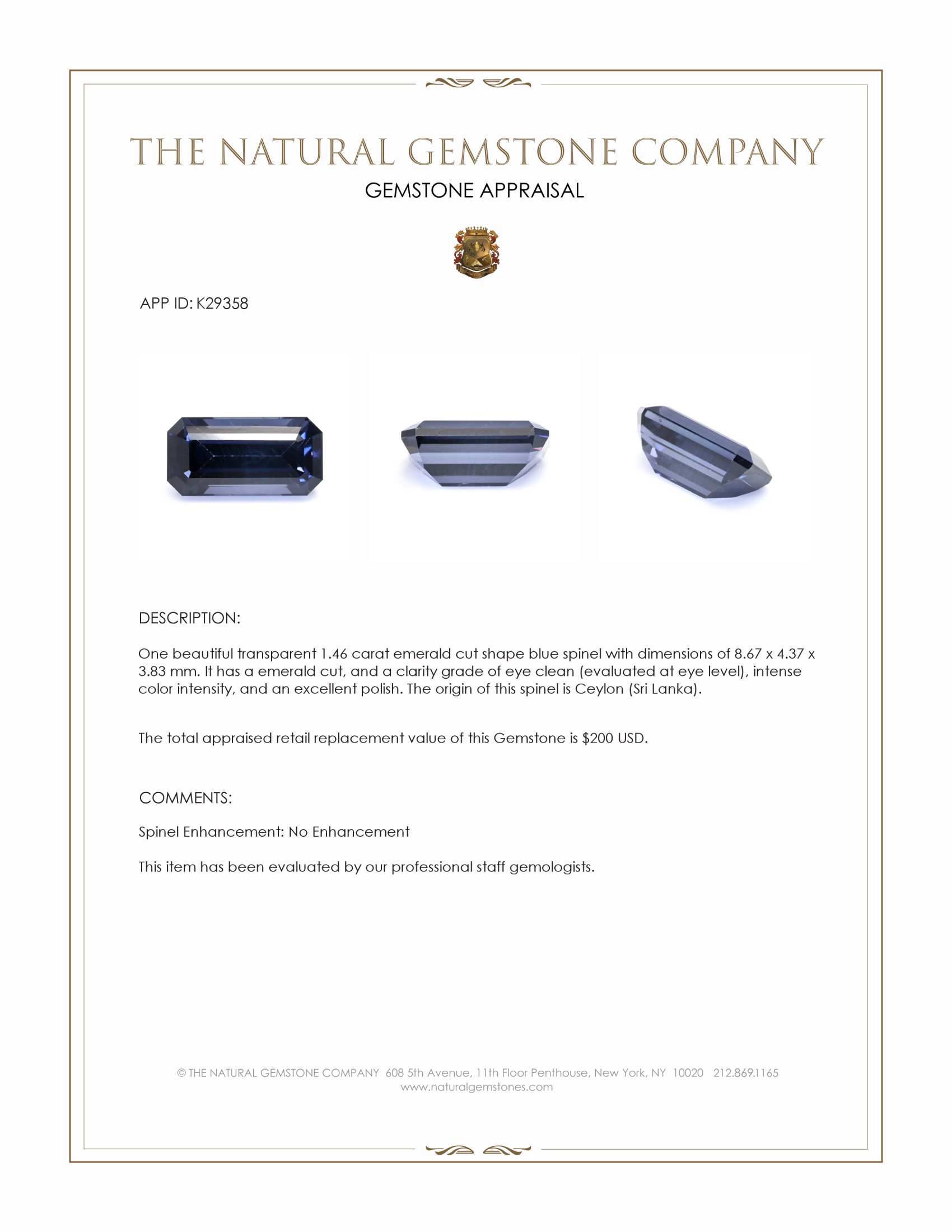 1.46 Ct. Blue Spinel from Ceylon (Sri Lanka)