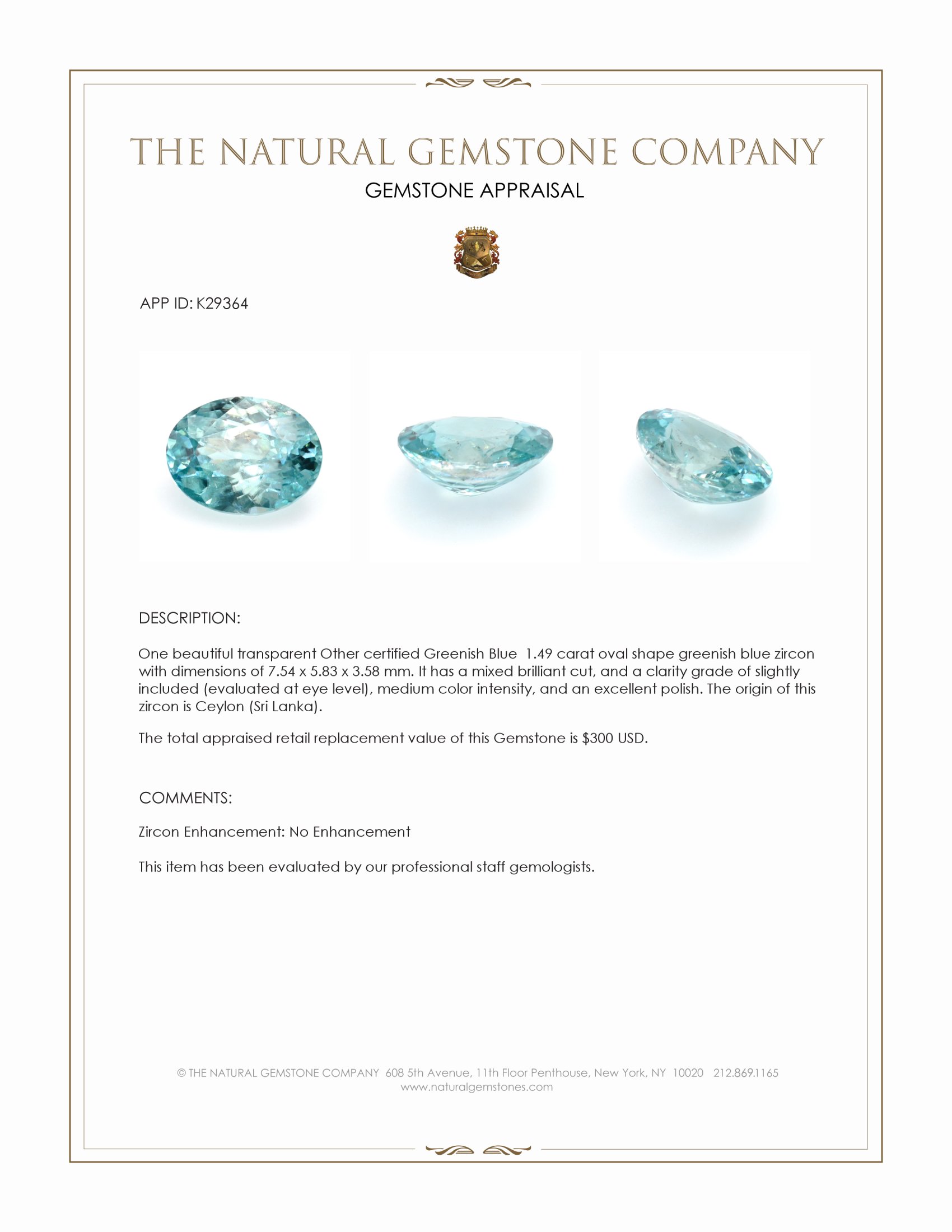 1.49 Ct. Greenish Blue Zircon from Ceylon (Sri Lanka)