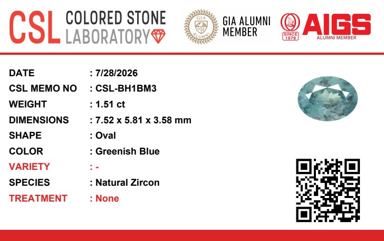 1.49 Ct. Greenish Blue Zircon from Ceylon (Sri Lanka)