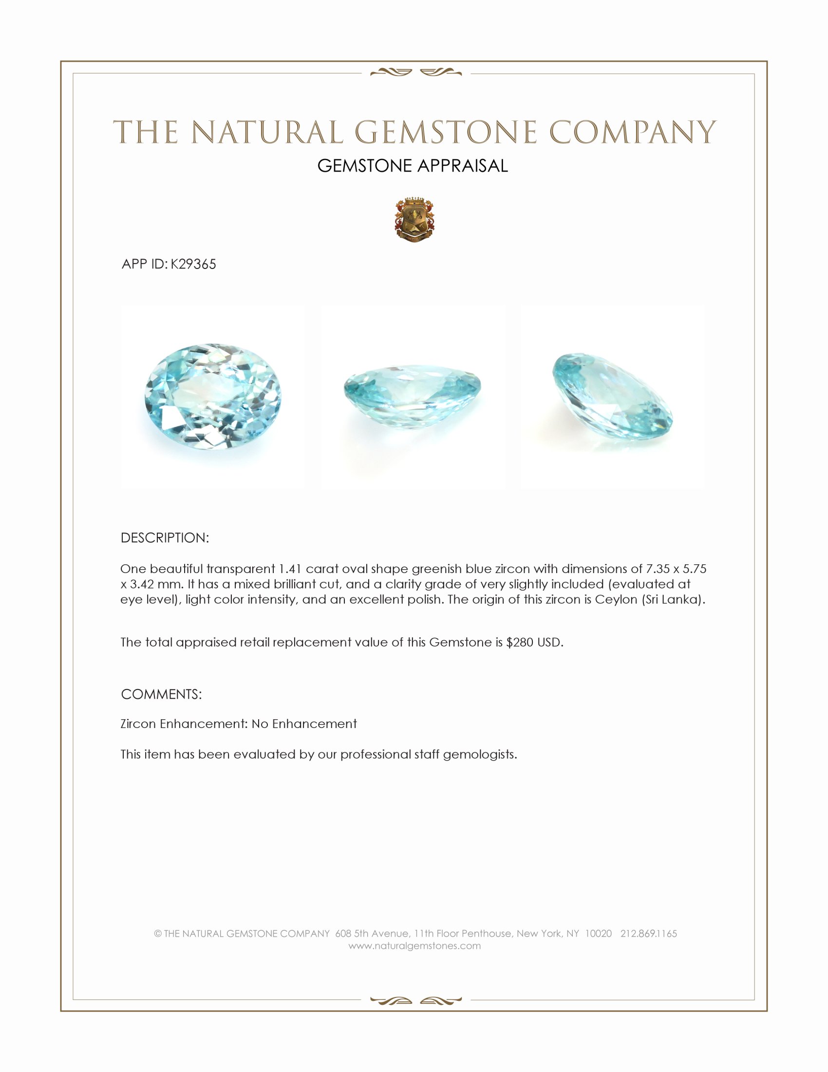 1.41 Ct. Greenish Blue Zircon from Ceylon (Sri Lanka)