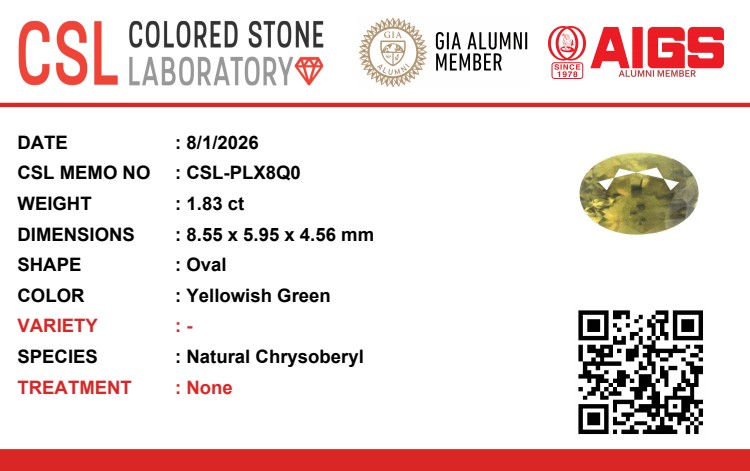 1.83 Ct. Yellowish Green Chrysoberyl from Ceylon (Sri Lanka)