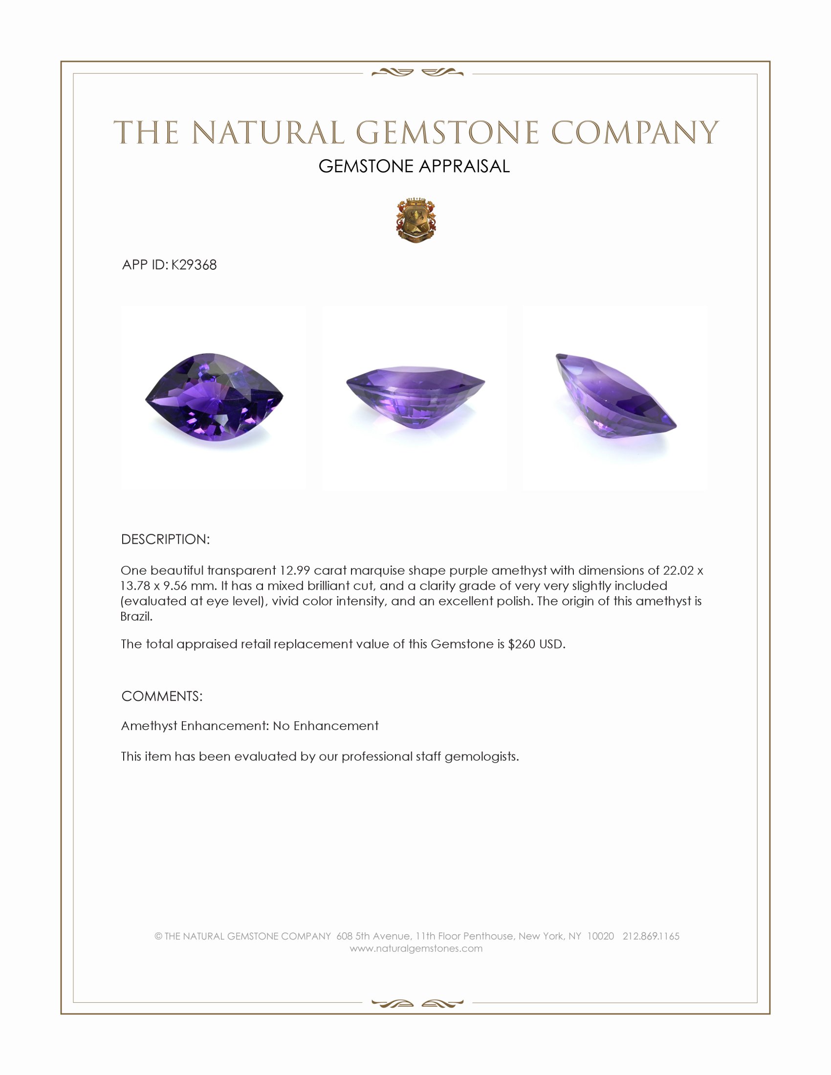 12.99 Ct. Purple Amethyst from Brazil
