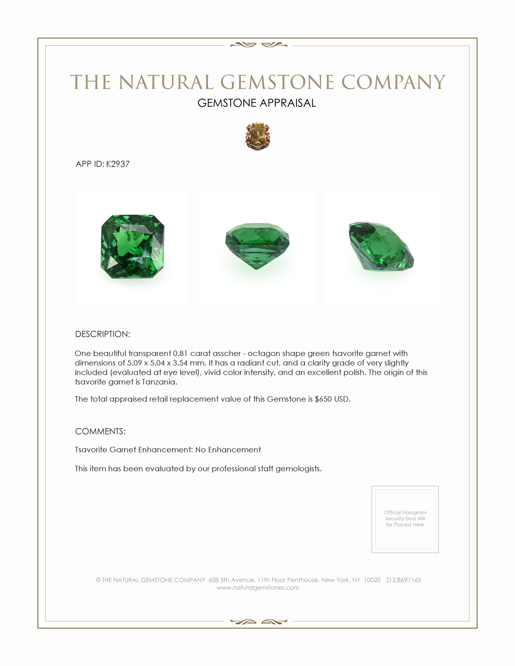 0.81 Ct. Tsavorite Garnet from Tanzania